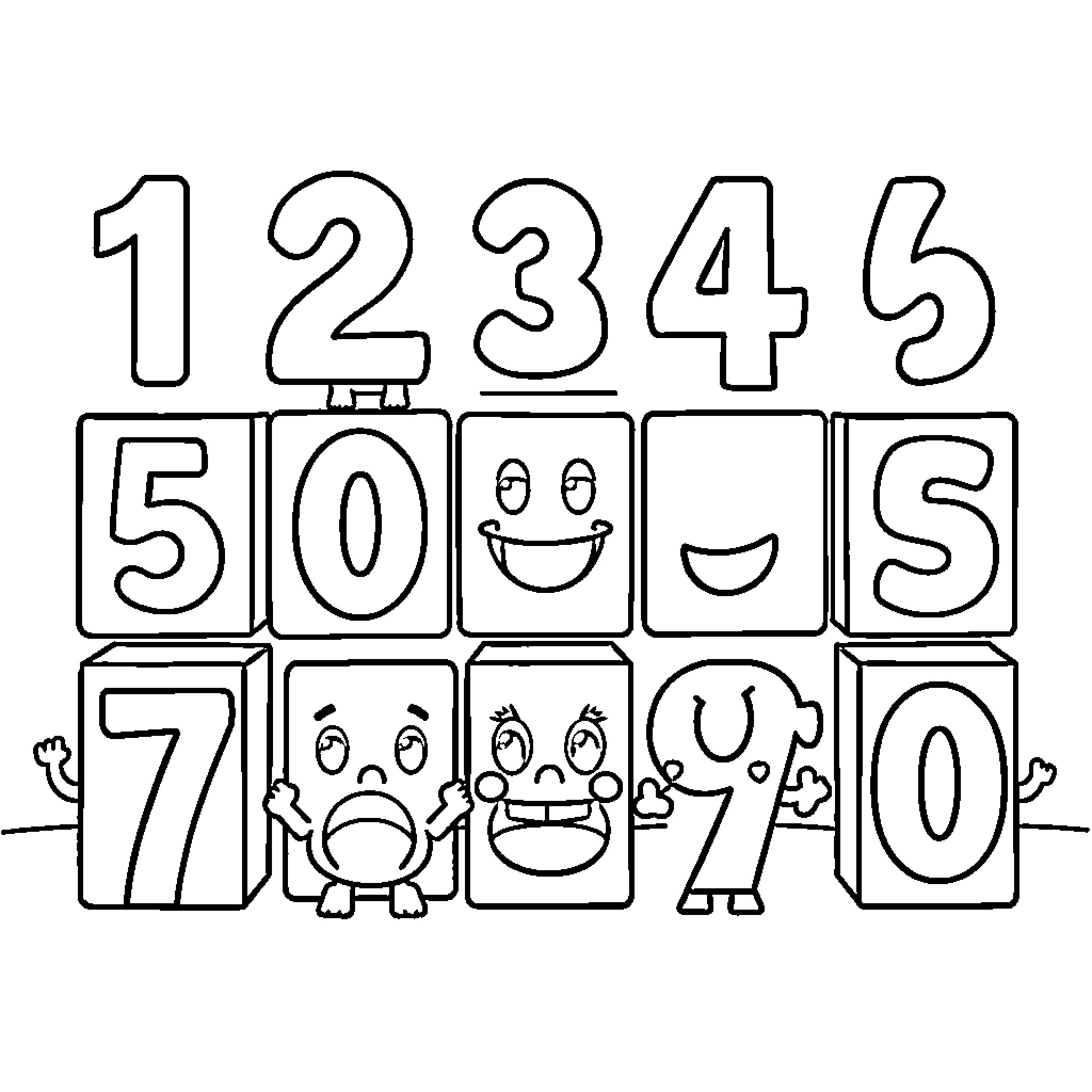 Numberblocks displaying various facial expressions Coloring Page (free black-and-white line drawing printable PDF for all, from beginners to advanced learners, including children, teens, adults, and seniors)