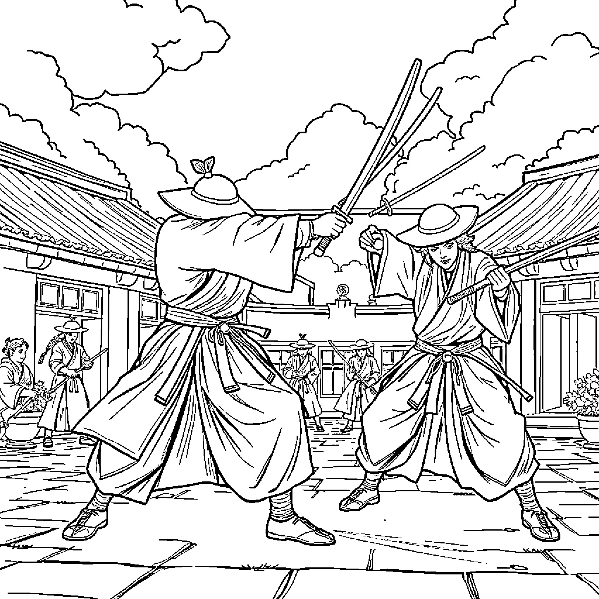 Bokken Duel in Japanese Traditional Courtyard Coloring Page (free black-and-white line drawing printable PDF for all, from beginners to advanced learners, including children, teens, adults, and seniors)