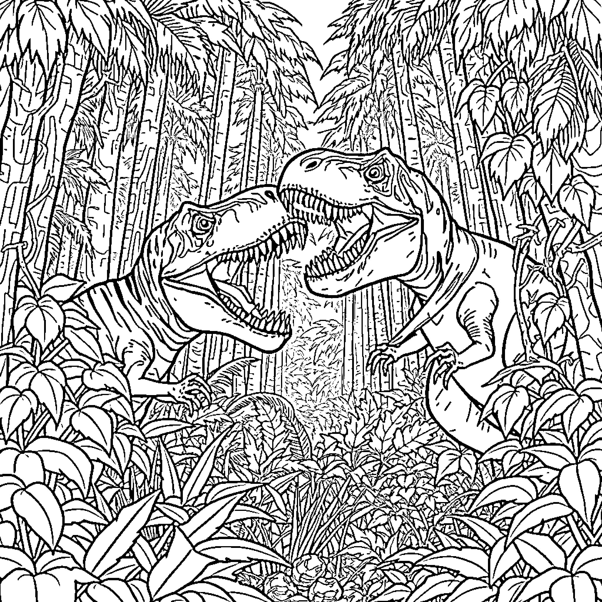 Dinosaur roaring in lush prehistoric forest Coloring Page (free black-and-white line drawing printable PDF for all, from beginners to advanced learners, including children, teens, adults, and seniors)