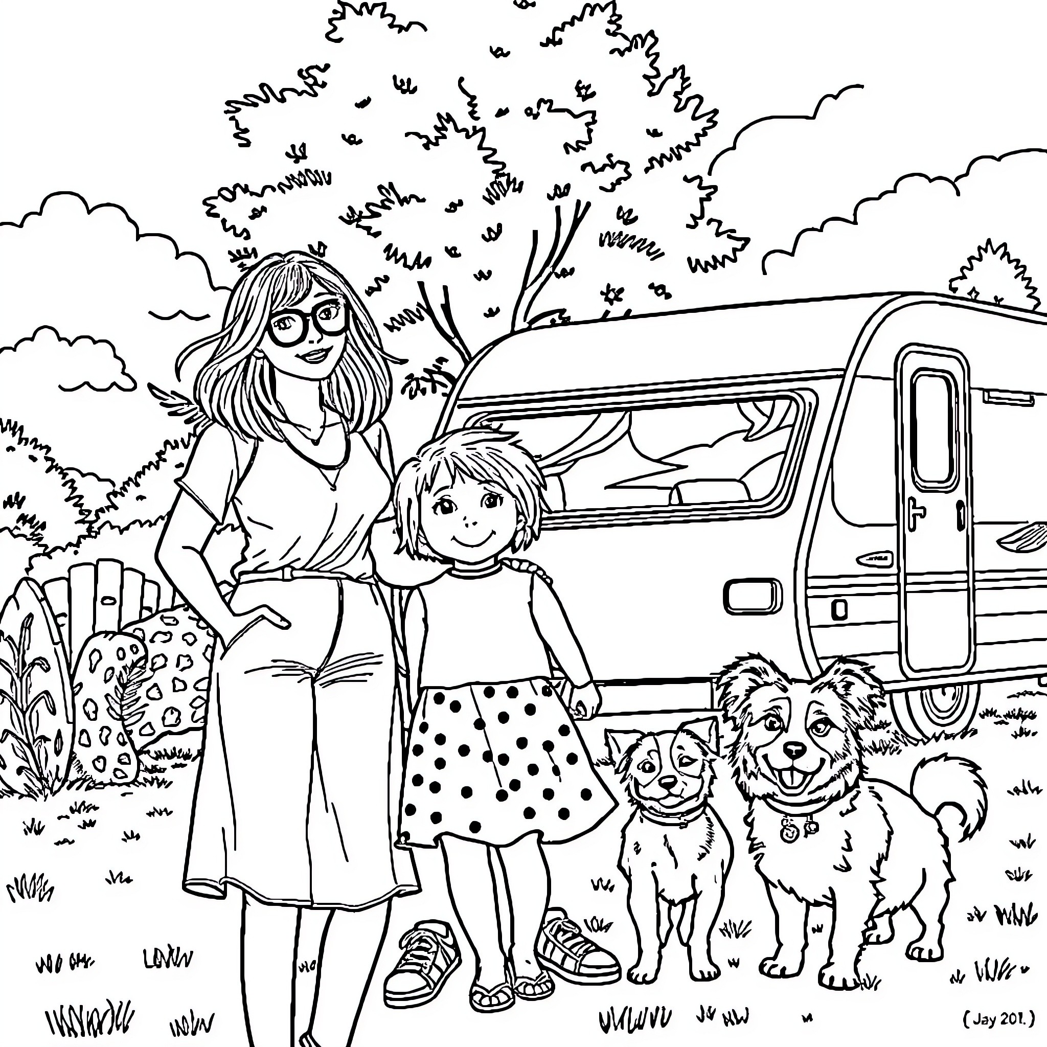 Family Enjoying Outdoor Adventure with Dog Coloring Page (free black-and-white line drawing printable PDF for all, from beginners to advanced learners, including children, teens, adults, and seniors)