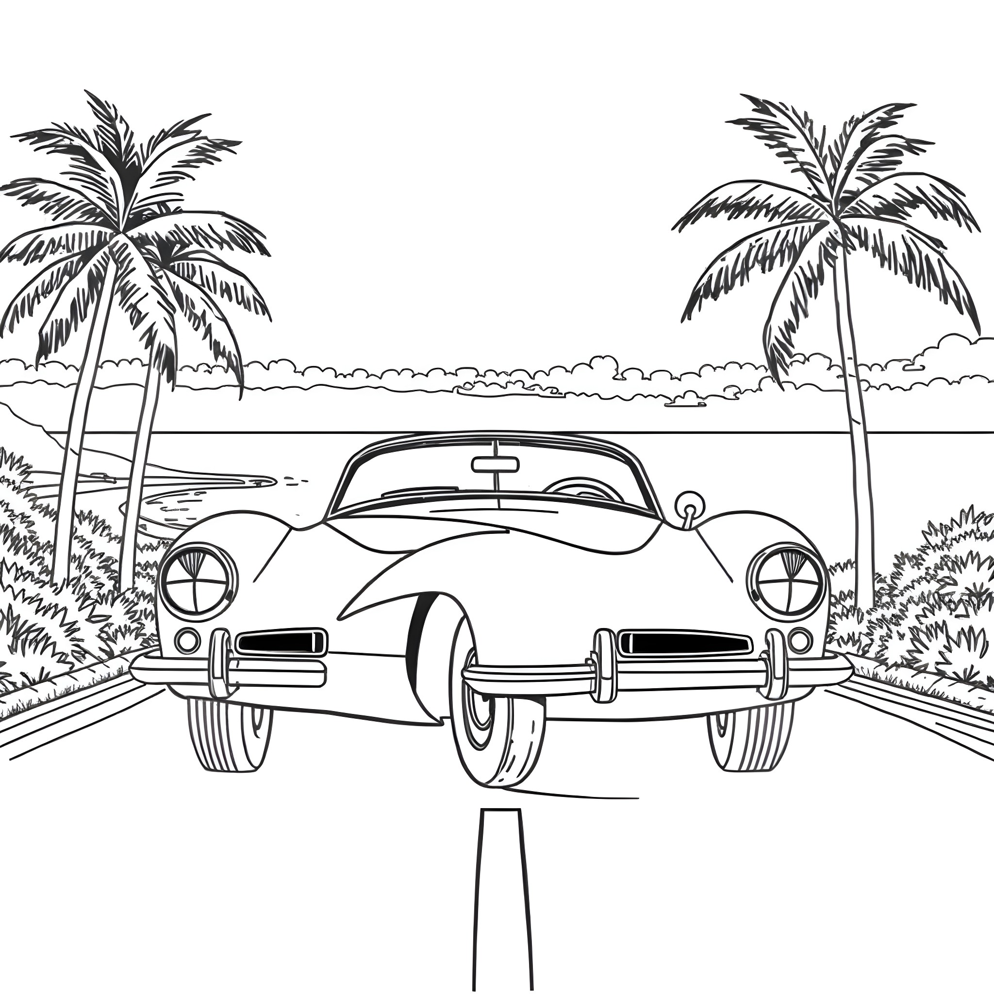 Car driving on a tropical beach road Coloring Page (free black-and-white line drawing printable PDF for all, from beginners to advanced learners, including children, teens, adults, and seniors)