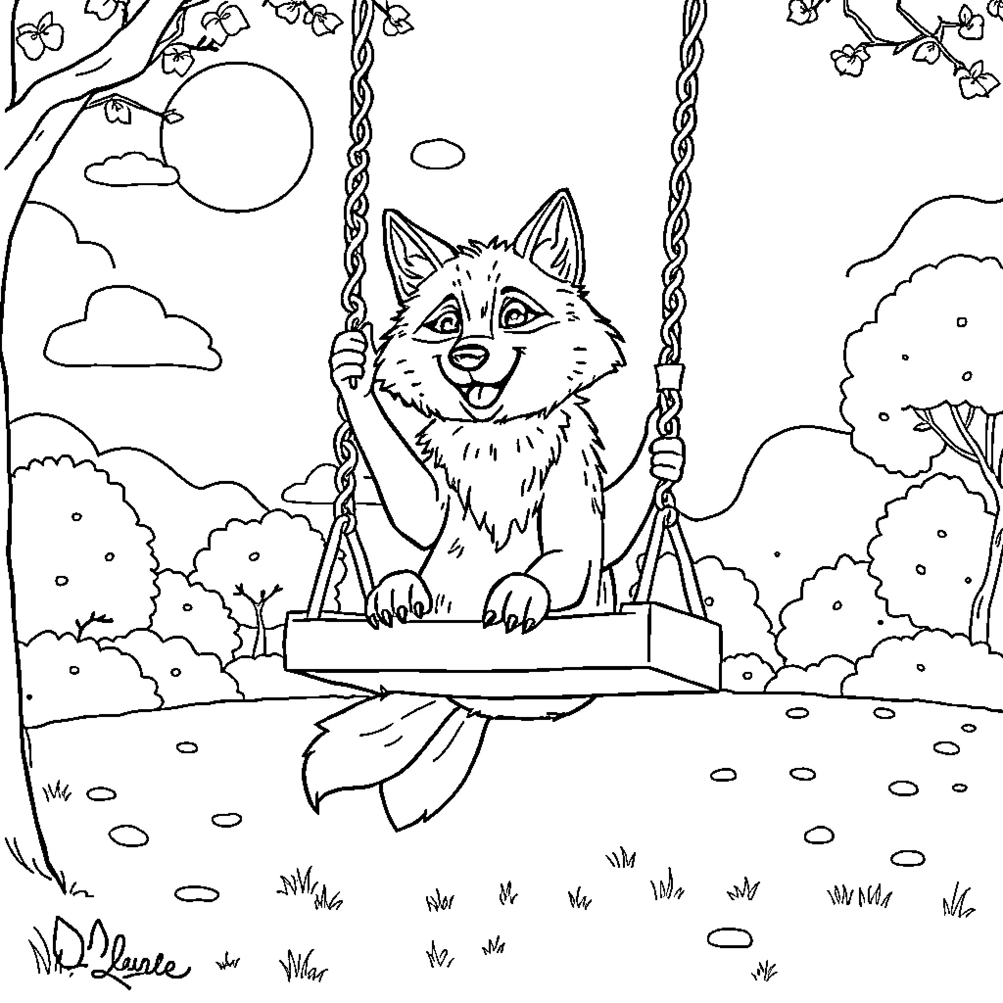 Wolf playing joyfully on a swing in the forest Coloring Page (free black-and-white line drawing printable PDF for all, from beginners to advanced learners, including children, teens, adults, and seniors)