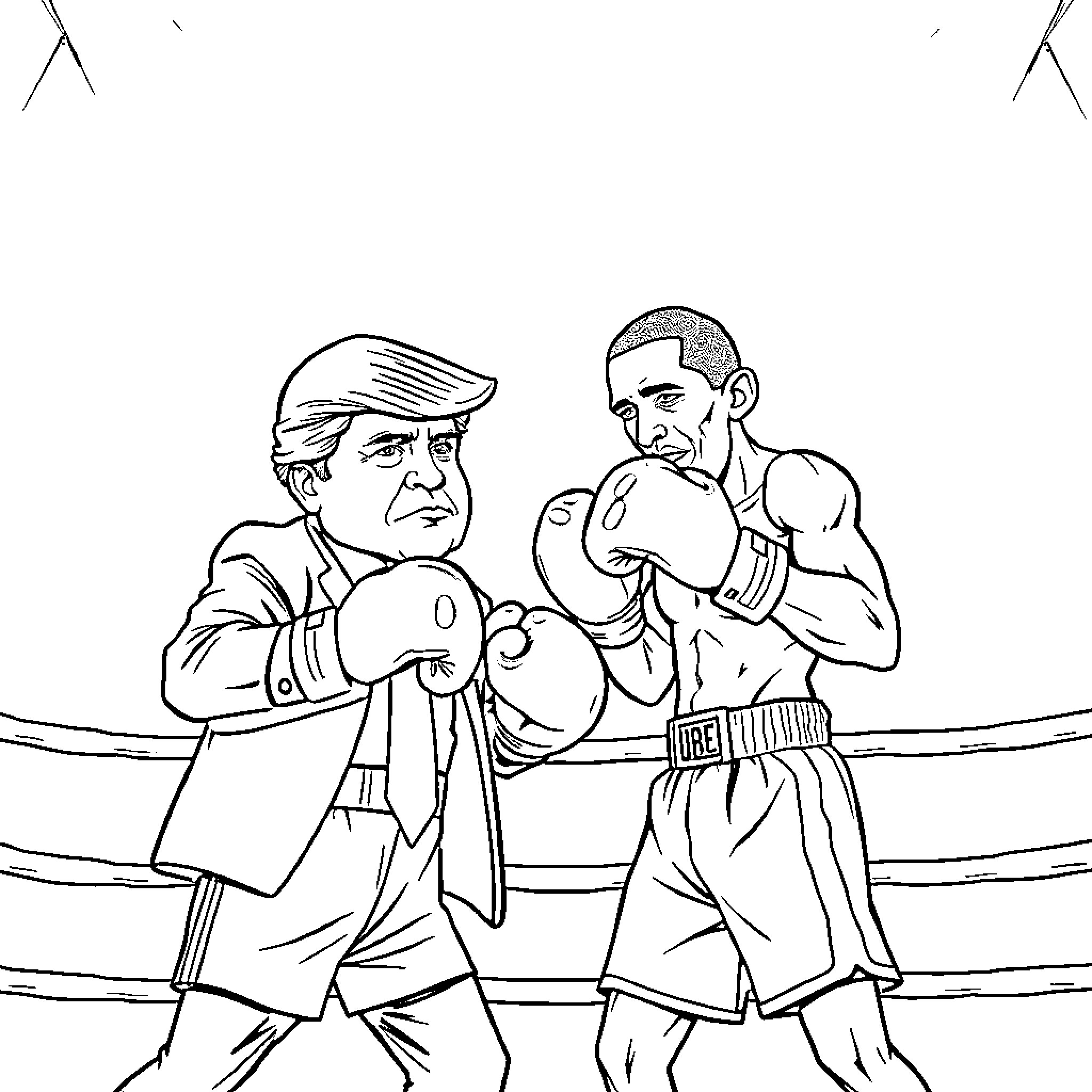 Donald Trump Sizing Up a Boxing Opponent Coloring Page (free black-and-white line drawing printable PDF for all, from beginners to advanced learners, including children, teens, adults, and seniors)