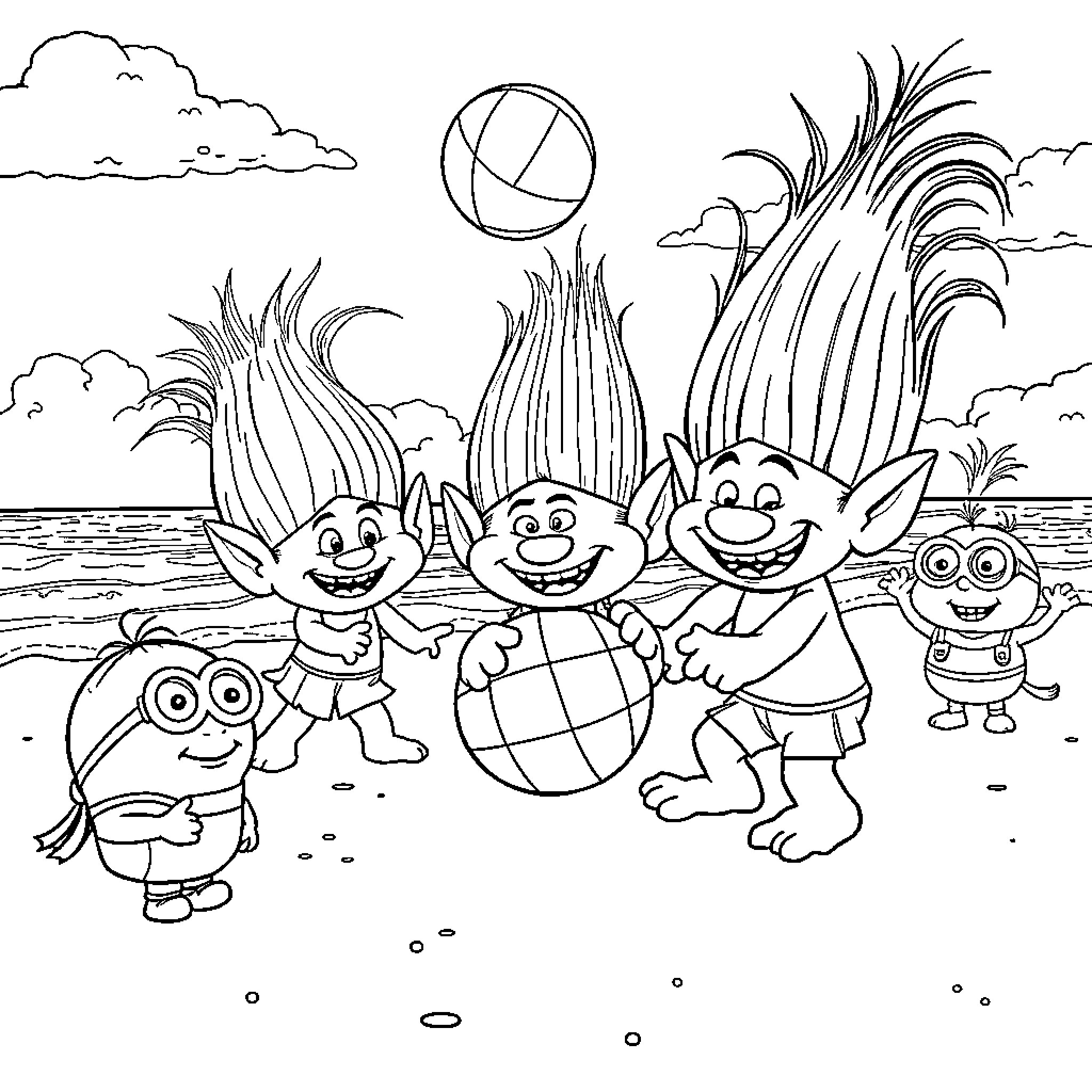 Troll characters playing on the beach Coloring Page (free black-and-white line drawing printable PDF for all, from beginners to advanced learners, including children, teens, adults, and seniors)