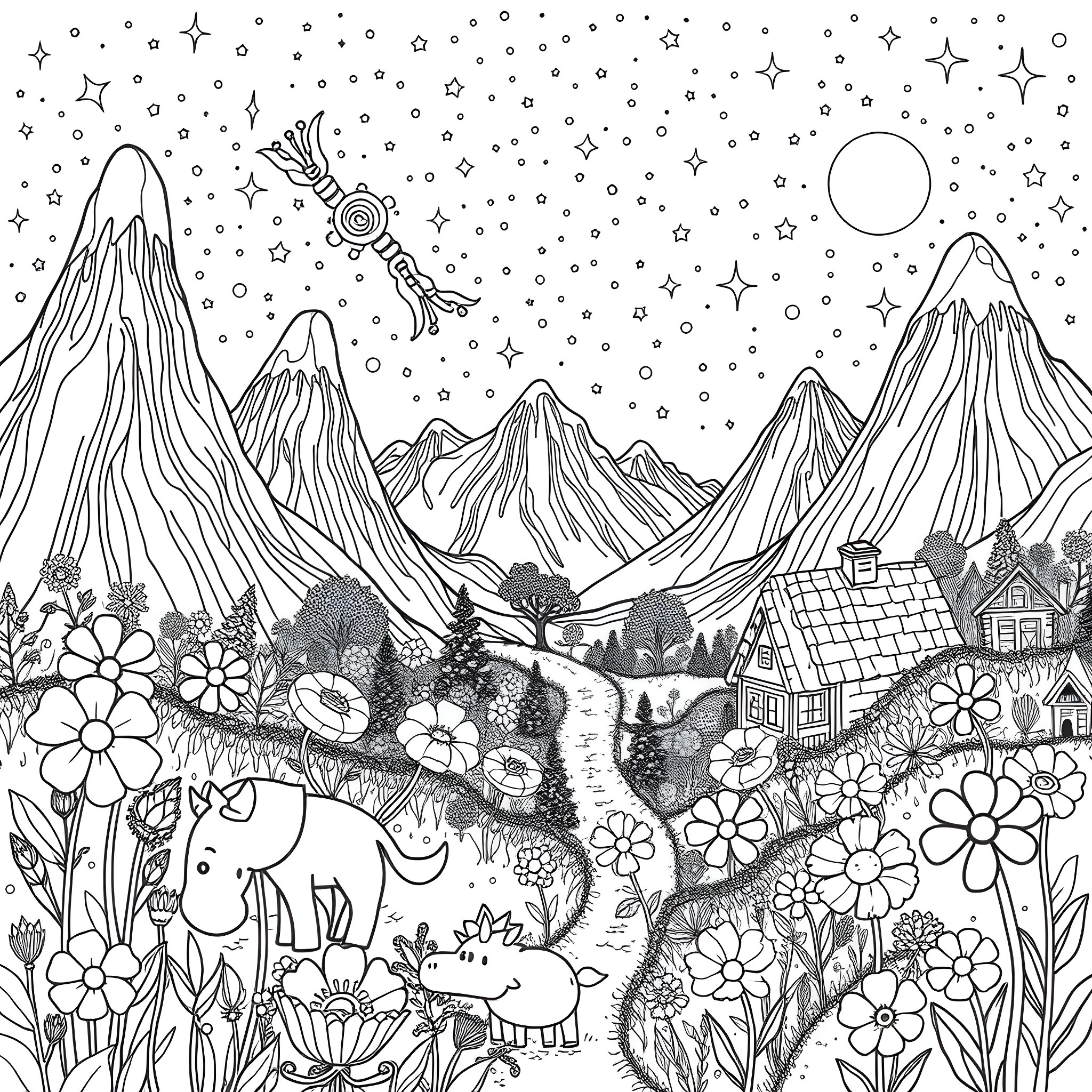 Dandy Whimsical Landscape with Mountains and Flowers Coloring Page (free black-and-white line drawing printable PDF for all, from beginners to advanced learners, including children, teens, adults, and seniors)