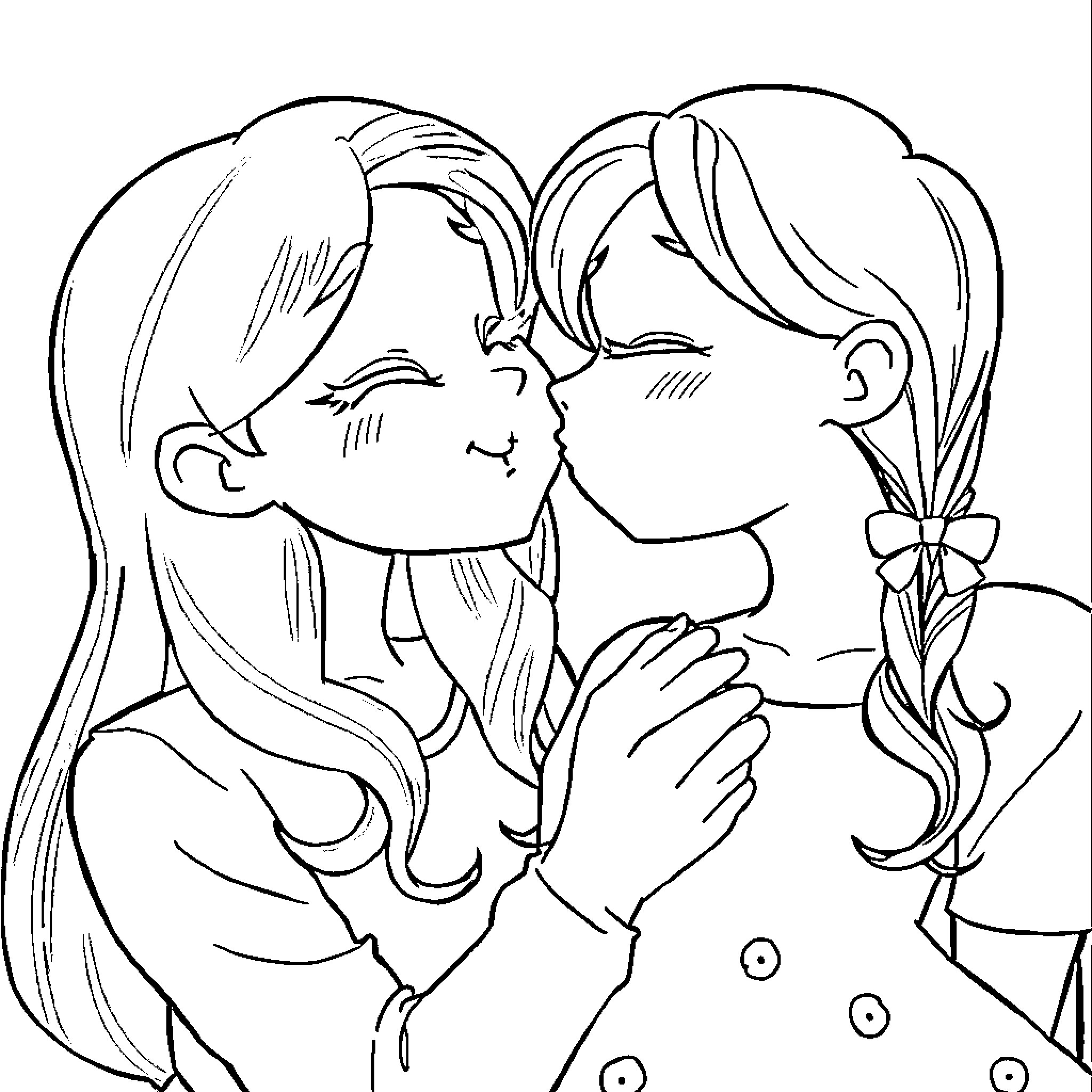 Daisy embracing her friend with affection Coloring Page (free black-and-white line drawing printable PDF for all, from beginners to advanced learners, including children, teens, adults, and seniors)