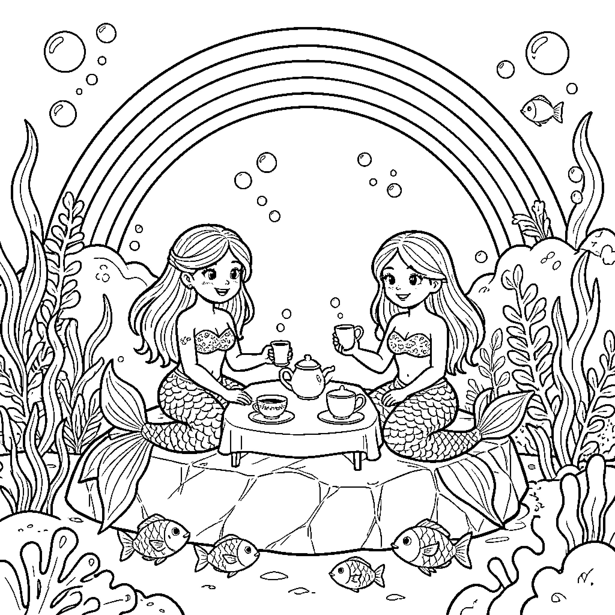 Mermaid friends having tea time under a rainbow Coloring Page (free black-and-white line drawing printable PDF for all, from beginners to advanced learners, including children, teens, adults, and seniors)