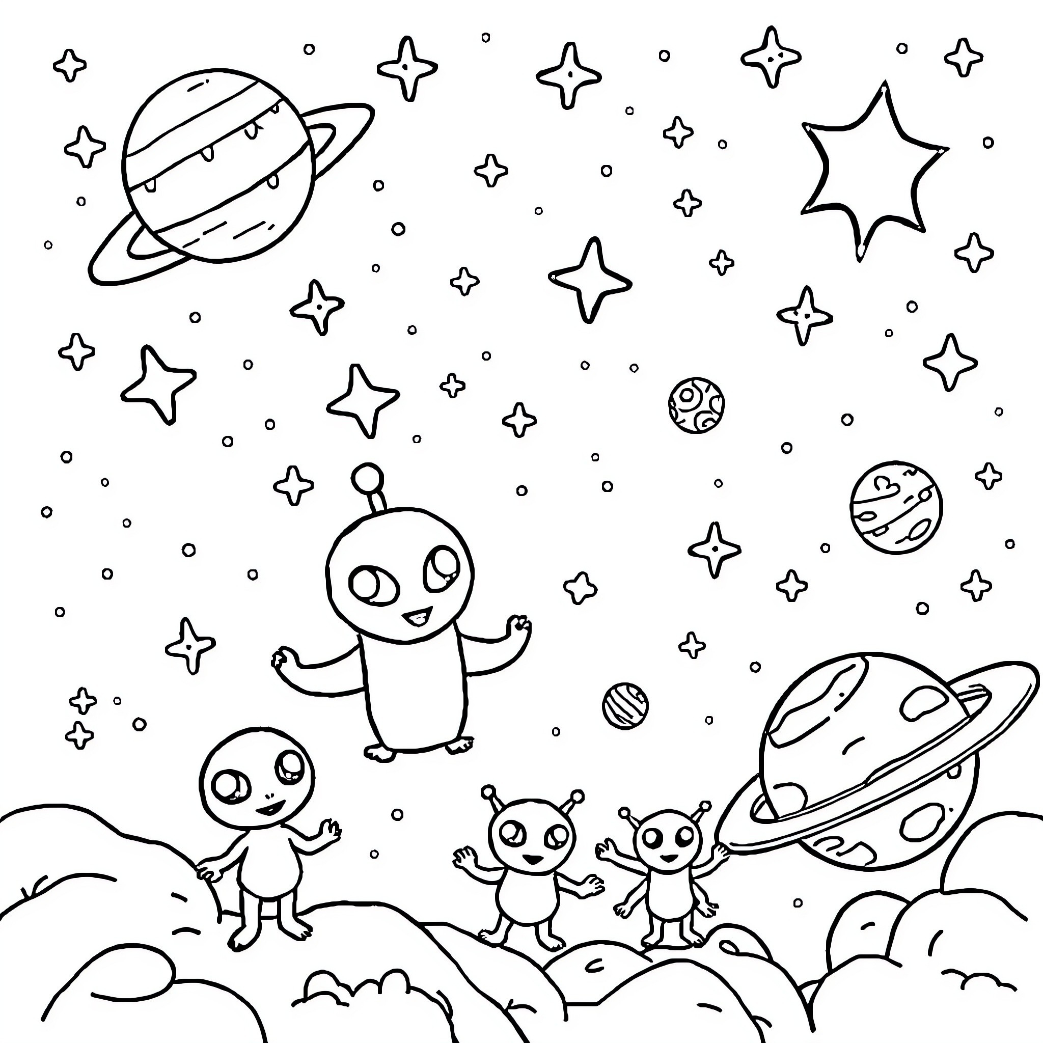 Space adventures of friendly aliens Coloring Page (free black-and-white line drawing printable PDF for all, from beginners to advanced learners, including children, teens, adults, and seniors)