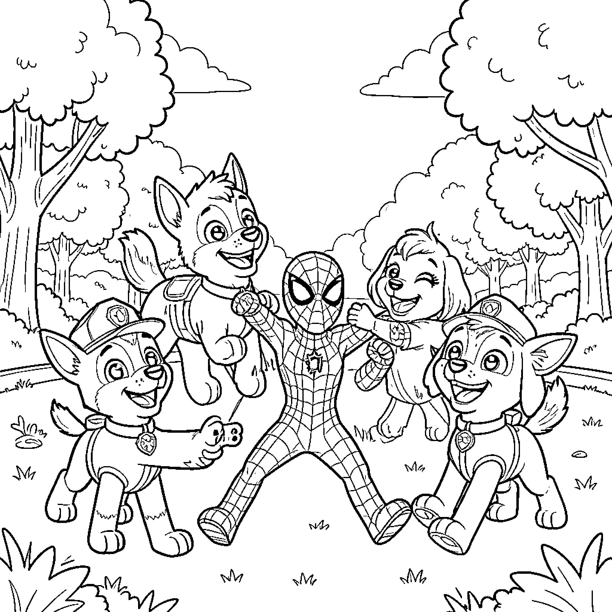 Paw Patrol characters and Spiderman in forest adventure Coloring Page (free black-and-white line drawing printable PDF for all, from beginners to advanced learners, including children, teens, adults, and seniors)