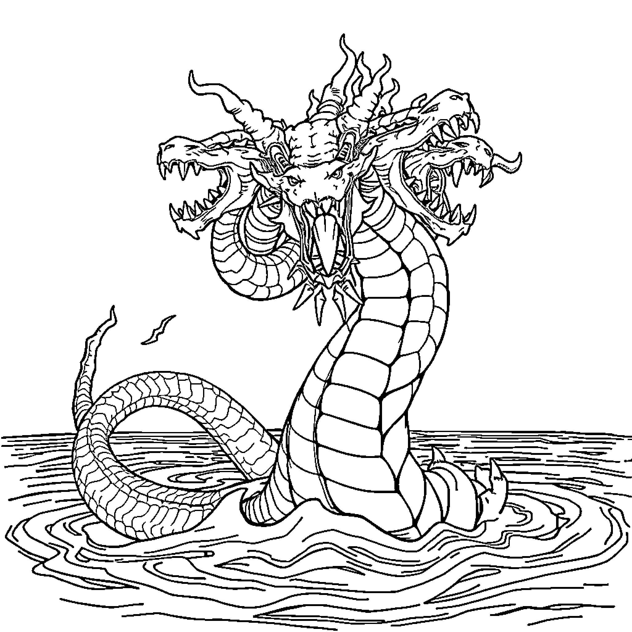 Hydra Rising from Turbulent Waters Coloring Page (free black-and-white line drawing printable PDF for all, from beginners to advanced learners, including children, teens, adults, and seniors)