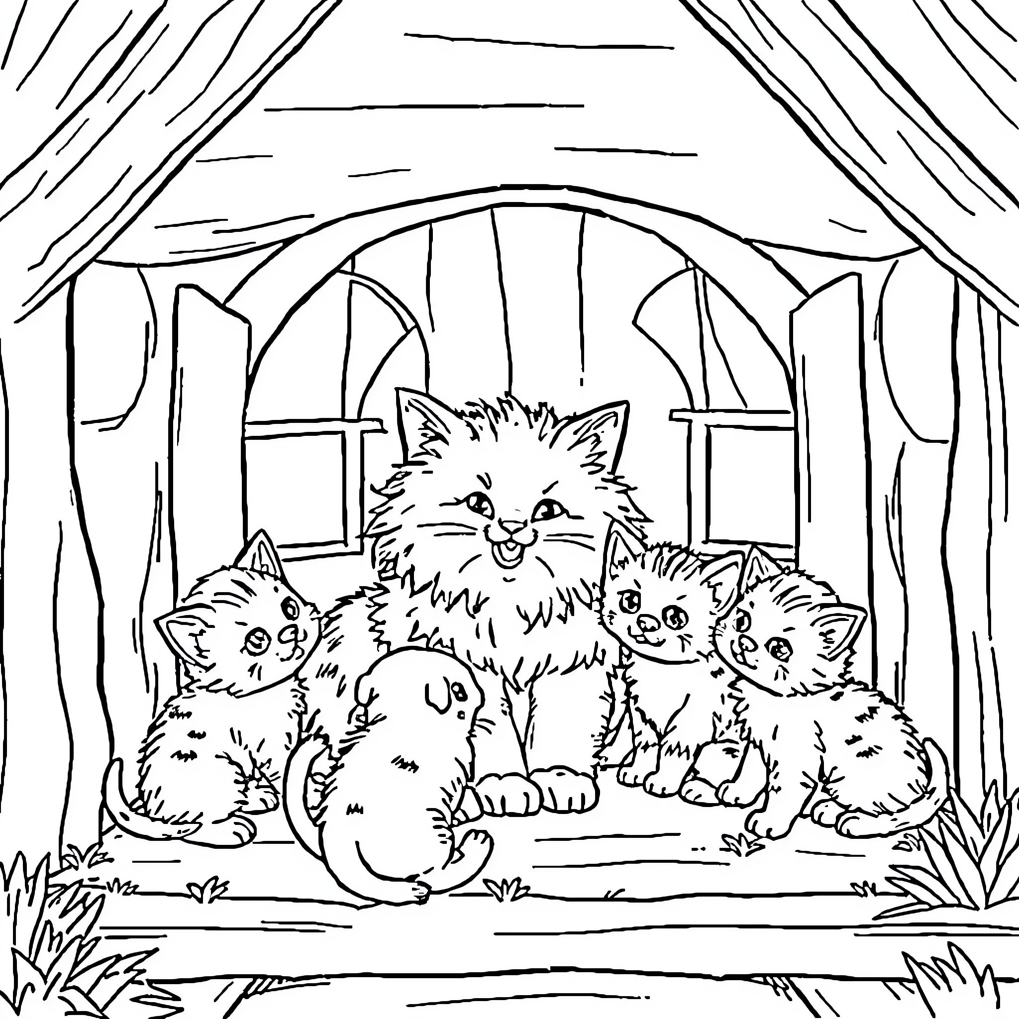 Cat family gathering on the porch Coloring Page (free black-and-white line drawing printable PDF for all, from beginners to advanced learners, including children, teens, adults, and seniors)