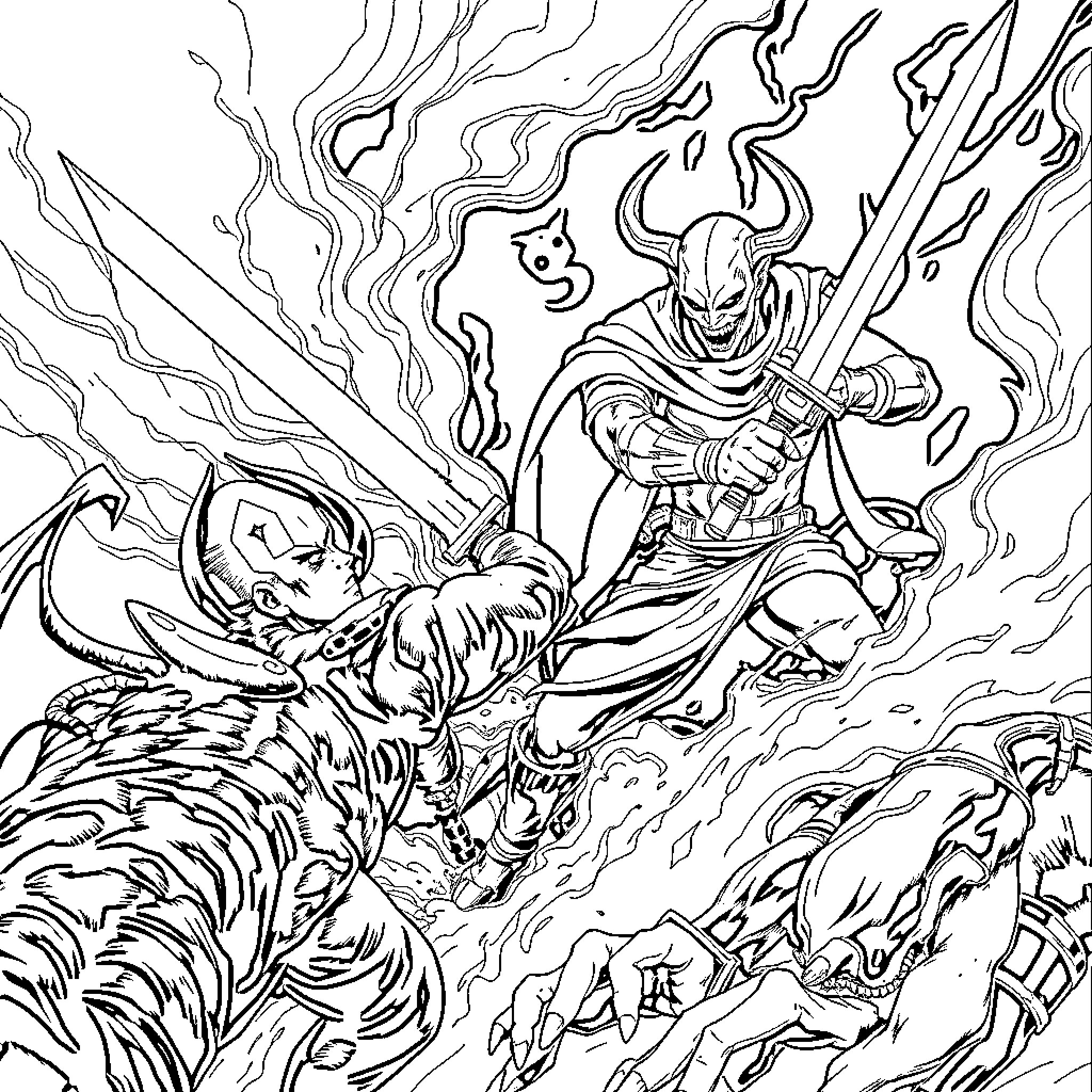Tokito's Fierce Battle Against Fearsome Foes Coloring Page (free black-and-white line drawing printable PDF for all, from beginners to advanced learners, including children, teens, adults, and seniors)