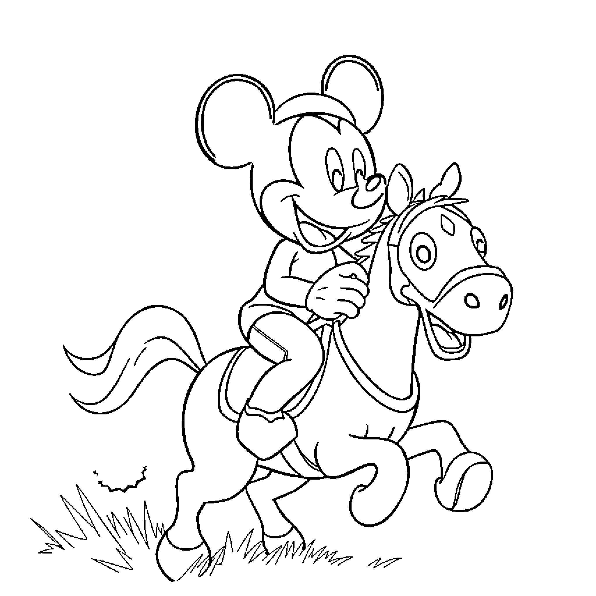 Mickey Mouse riding a horse playfully Coloring Page (free black-and-white line drawing printable PDF for all, from beginners to advanced learners, including children, teens, adults, and seniors)