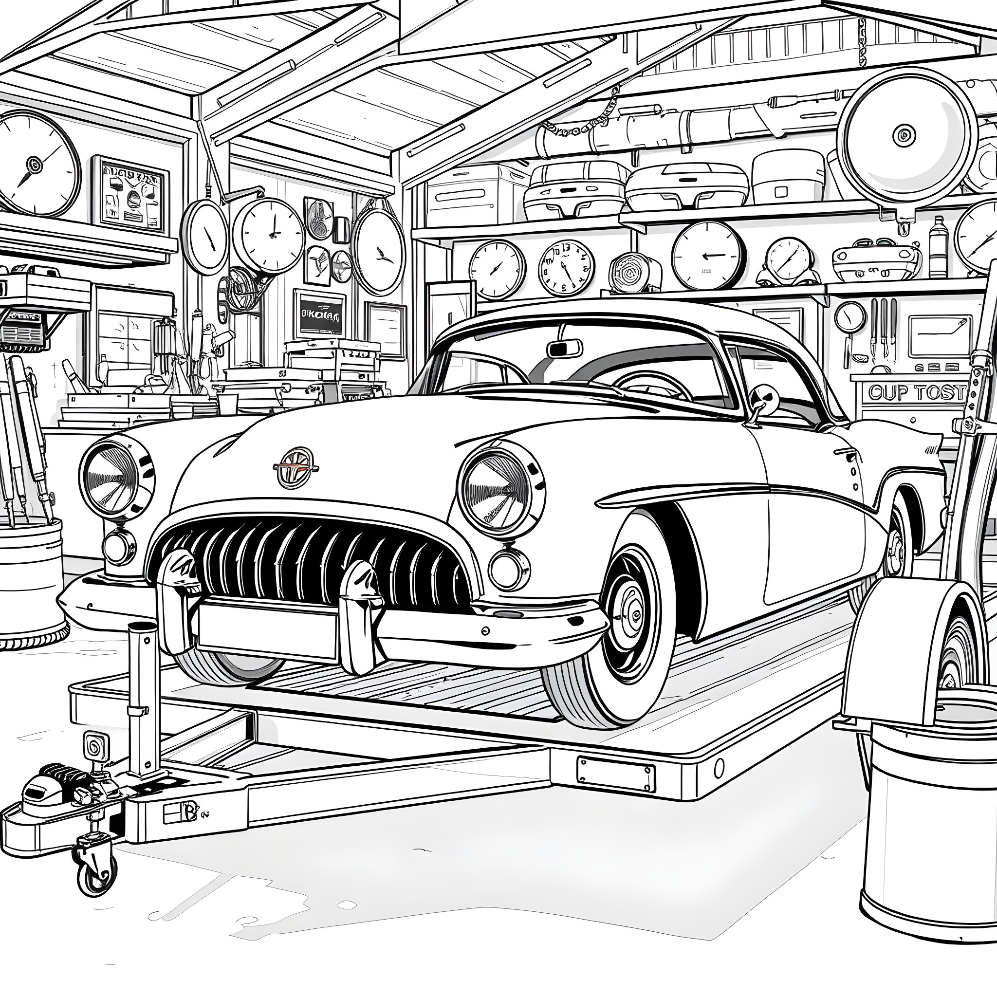 Car in Retro Auto Repair Workshop Coloring Page (free black-and-white line drawing printable PDF for all, from beginners to advanced learners, including children, teens, adults, and seniors)