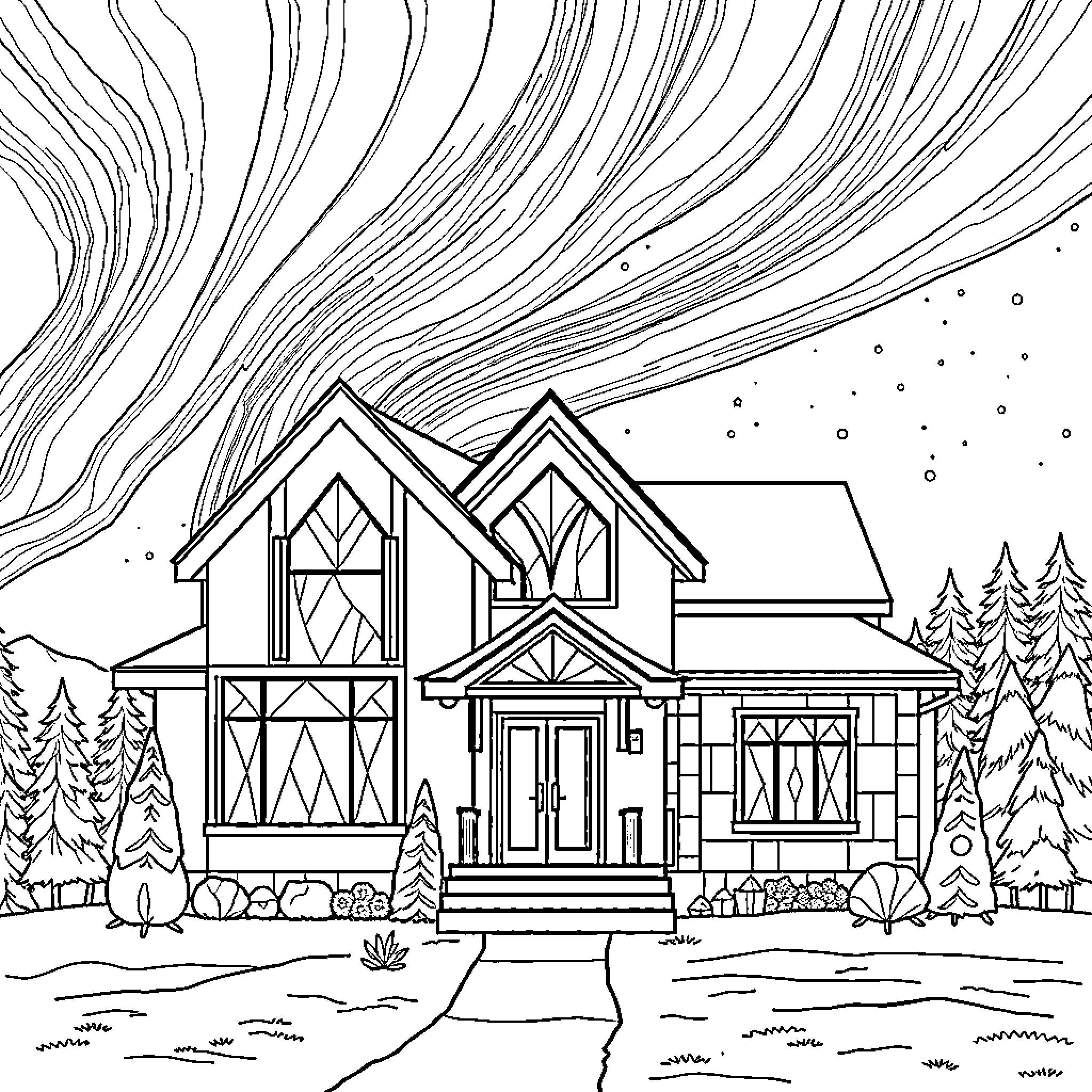 House in winter wonderland with snowy landscape Coloring Page (free black-and-white line drawing printable PDF for all, from beginners to advanced learners, including children, teens, adults, and seniors)