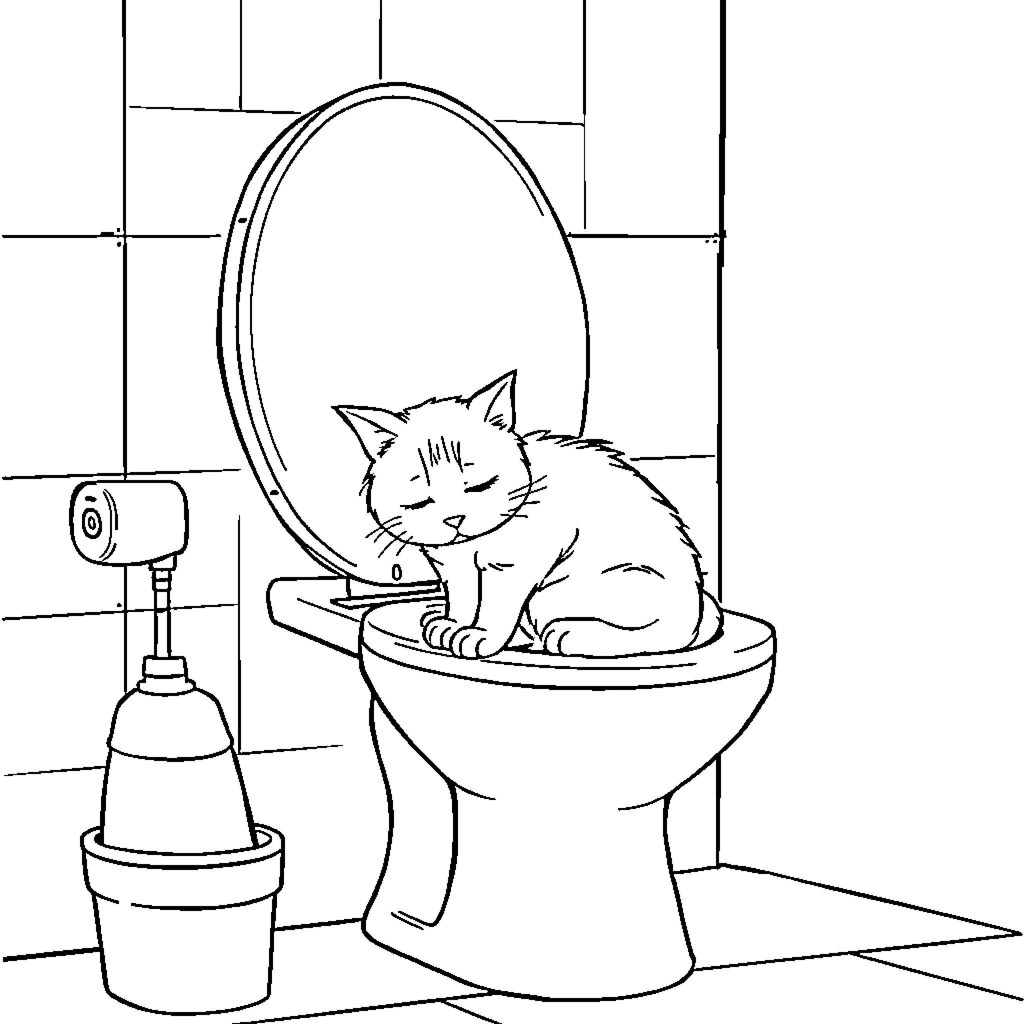 Cat relaxing on the toilet Coloring Page (free black-and-white line drawing printable PDF for all, from beginners to advanced learners, including children, teens, adults, and seniors)