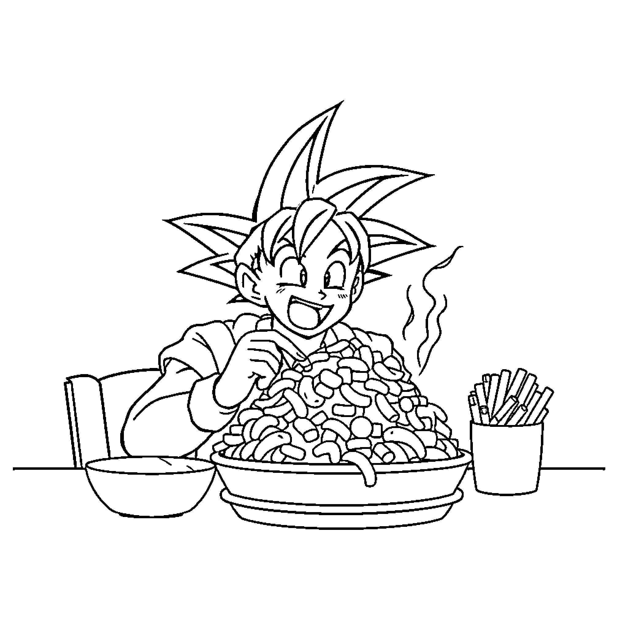 Goku enjoying a hearty meal Coloring Page (free black-and-white line drawing printable PDF for all, from beginners to advanced learners, including children, teens, adults, and seniors)