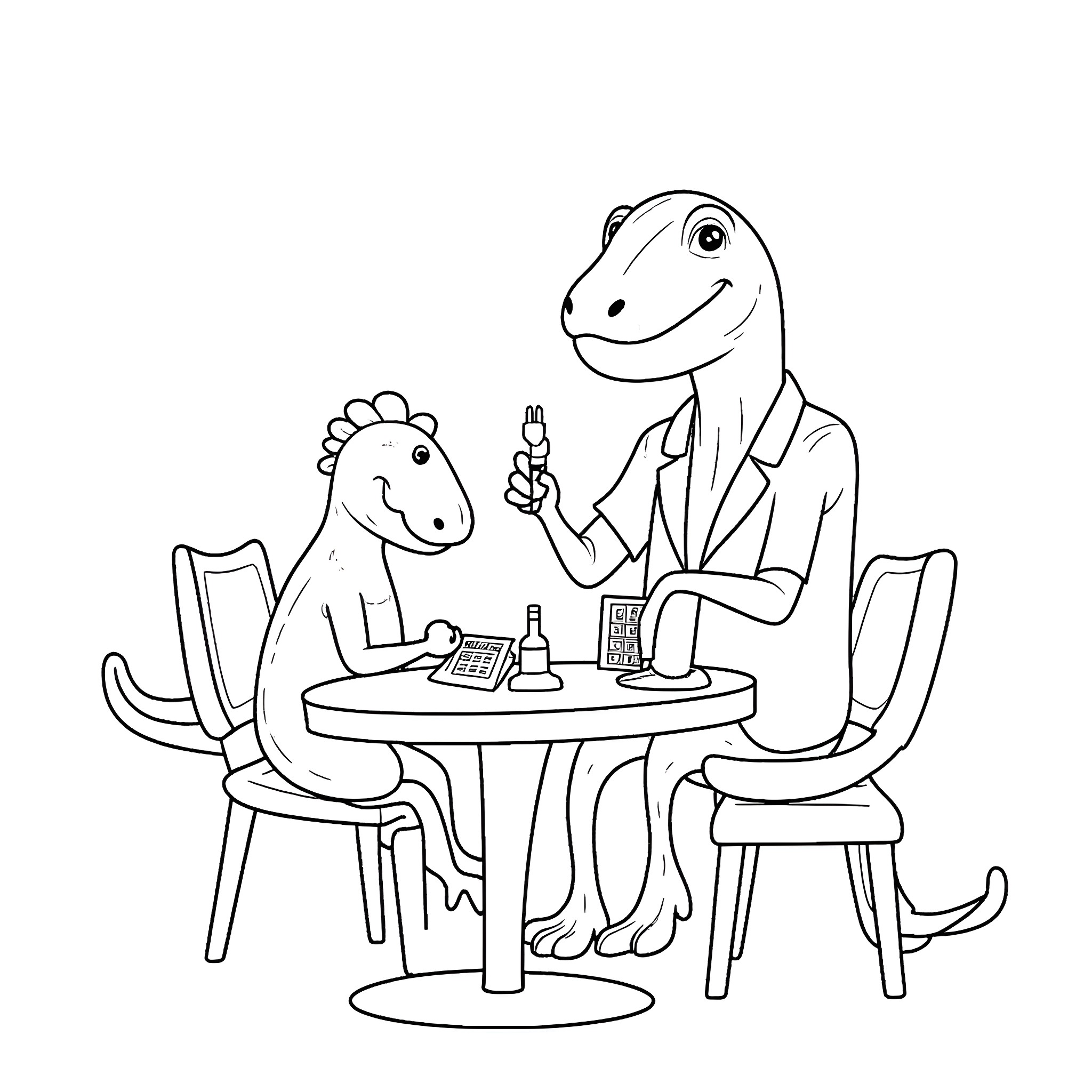 T-Rex Dino Enjoying a Cup of Tea with Friend Coloring Page (free black-and-white line drawing printable PDF for all, from beginners to advanced learners, including children, teens, adults, and seniors)