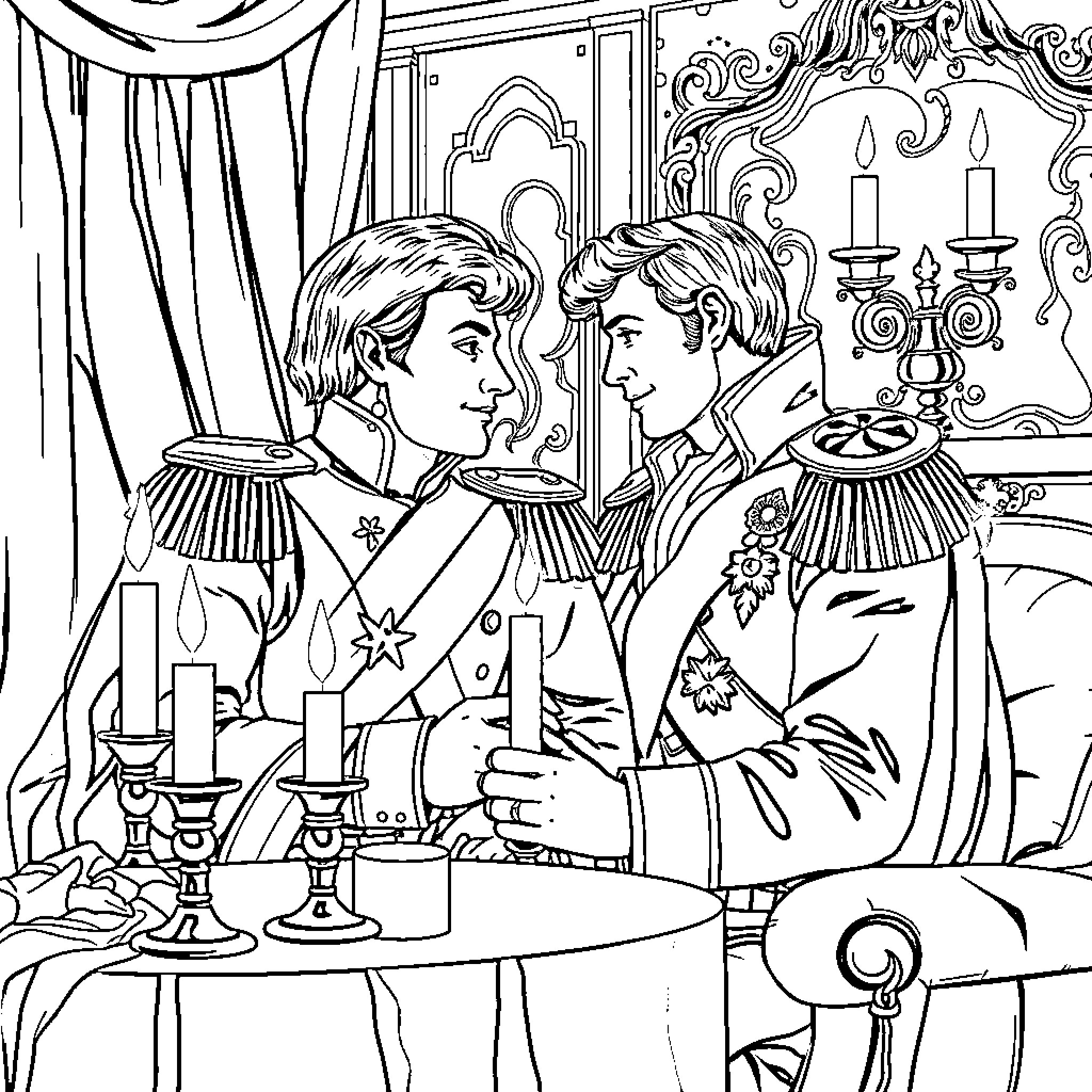 Napoleon and His Generals in Formal Attire Coloring Page (free black-and-white line drawing printable PDF for all, from beginners to advanced learners, including children, teens, adults, and seniors)