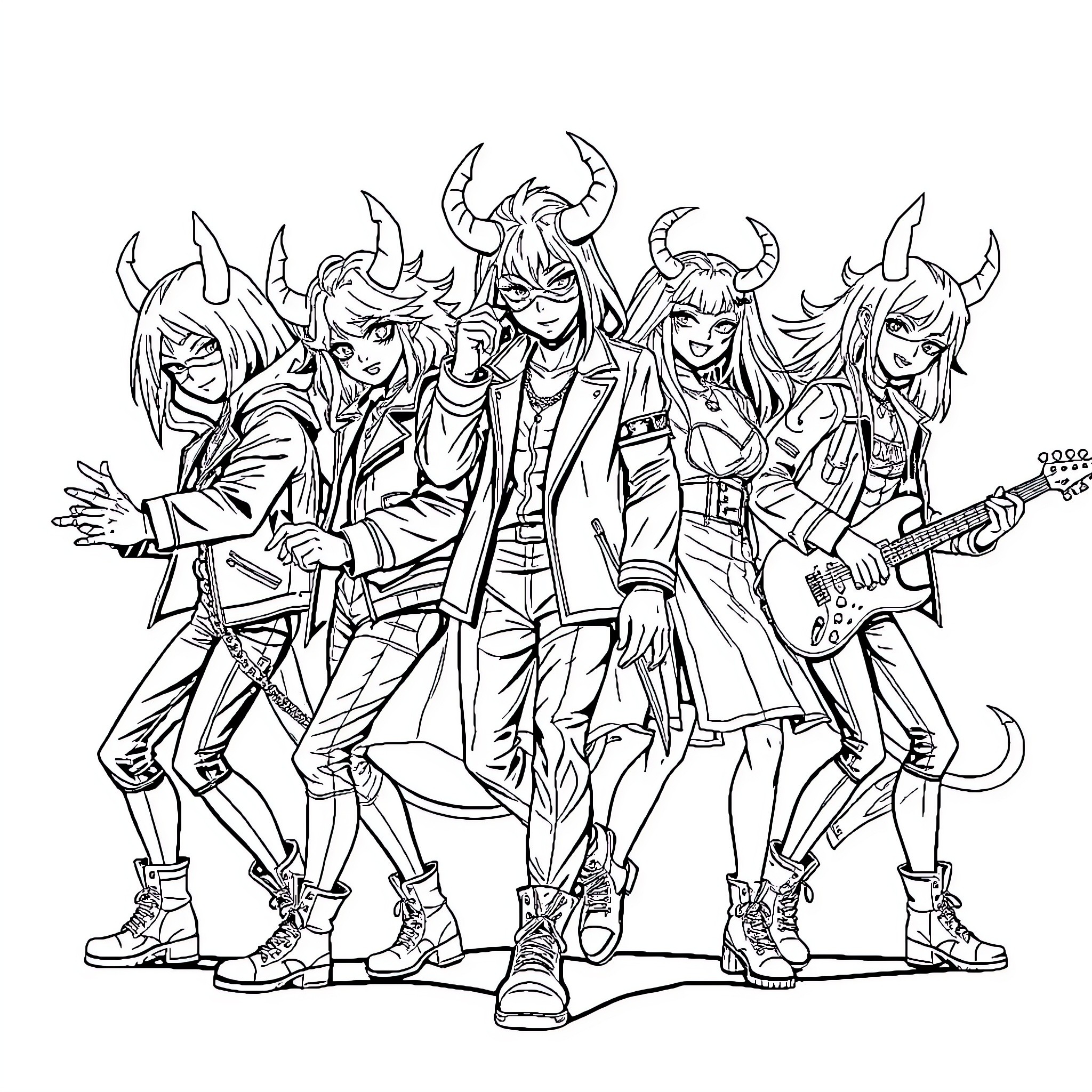 Demon Hunter Band Performing Energetically Coloring Page (free black-and-white line drawing printable PDF for all, from beginners to advanced learners, including children, teens, adults, and seniors)