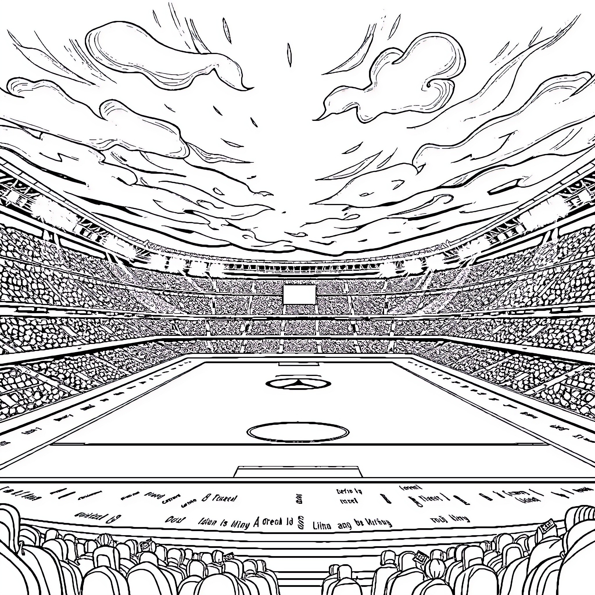 Stadium filled with crowds and dramatic sky Coloring Page (free black-and-white line drawing printable PDF for all, from beginners to advanced learners, including children, teens, adults, and seniors)
