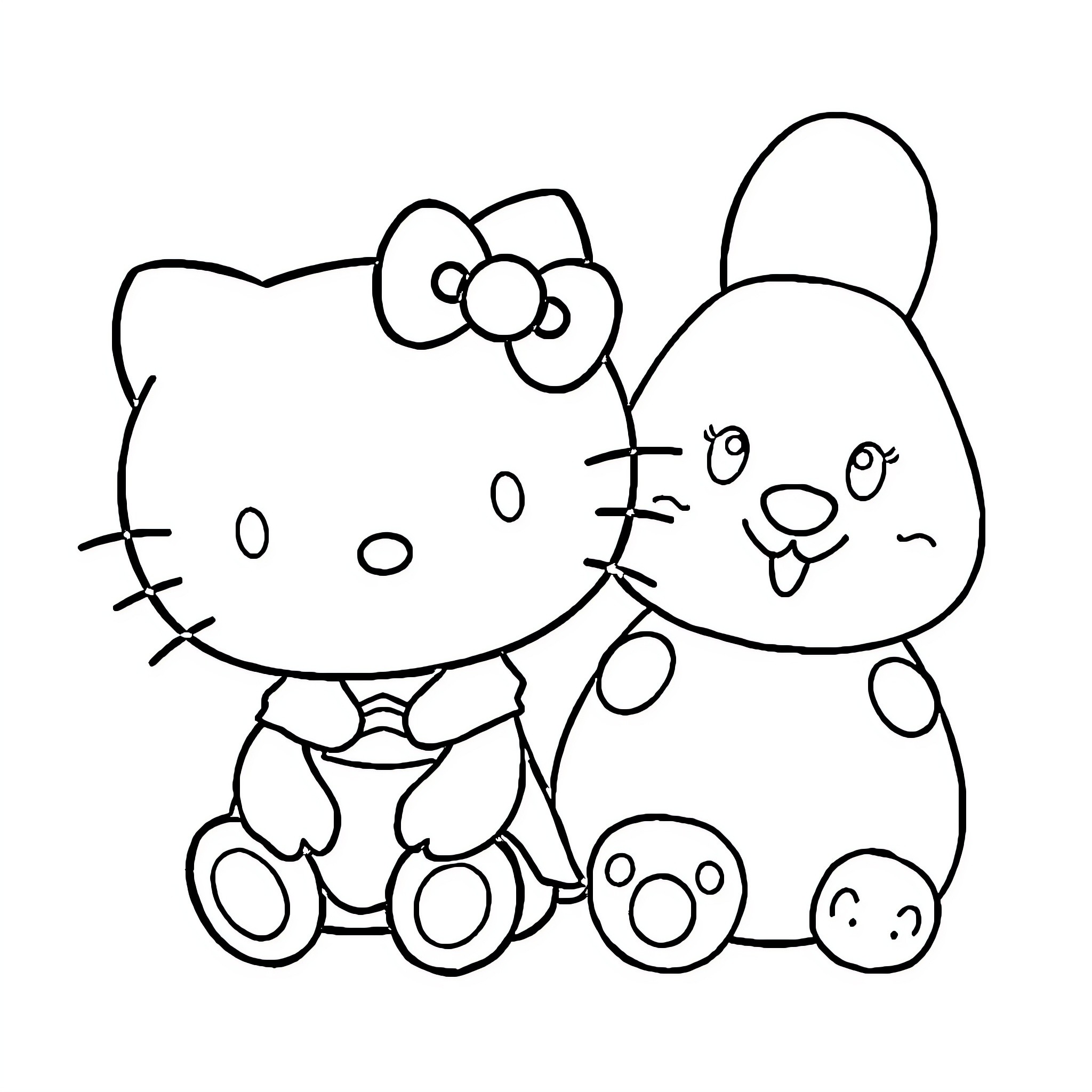 Hello Kitty and Bunny Cartoon Characters Coloring Page (free black-and-white line drawing printable PDF for all, from beginners to advanced learners, including children, teens, adults, and seniors)