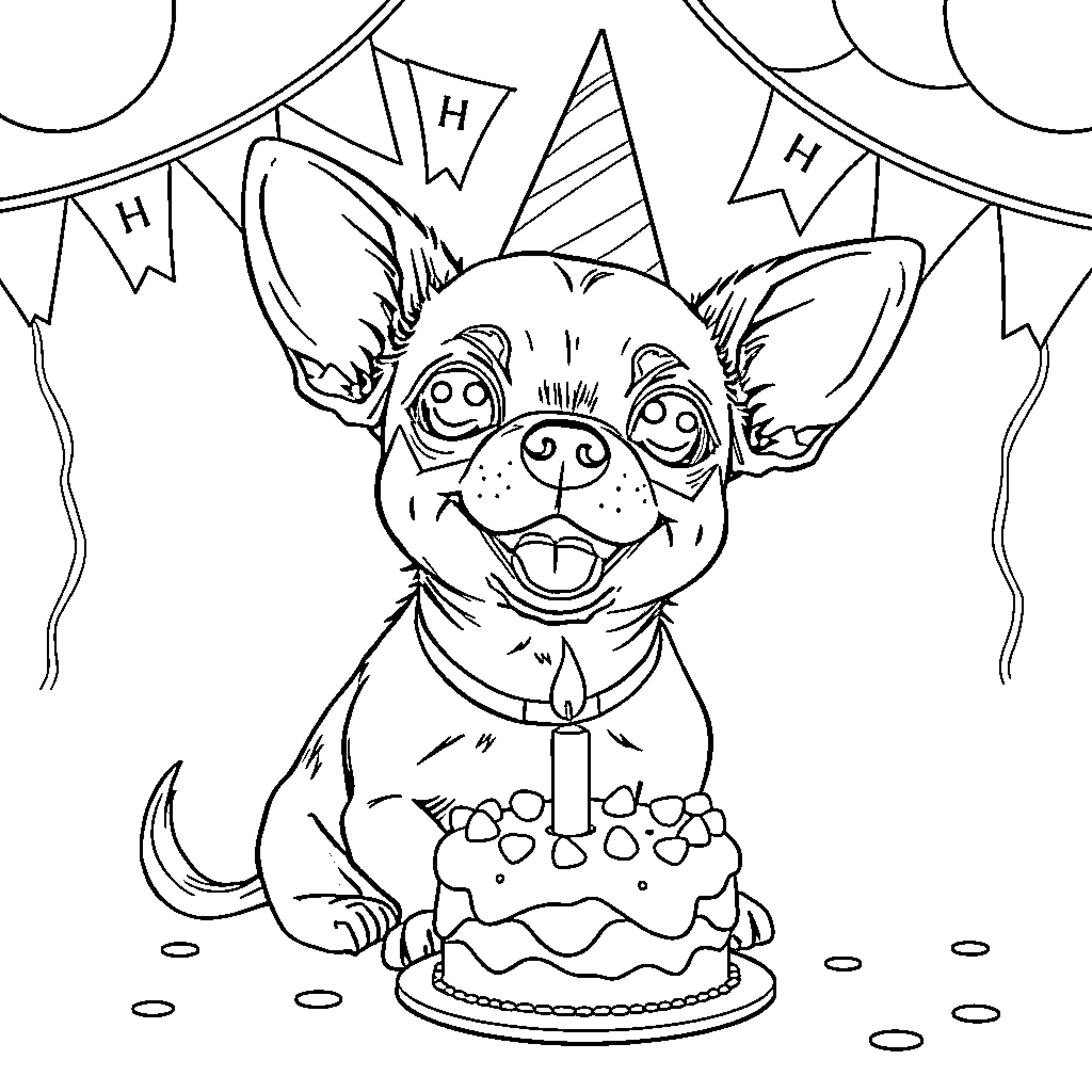 Chihuahua celebrating birthday with cake and decorations Coloring Page (free black-and-white line drawing printable PDF for all, from beginners to advanced learners, including children, teens, adults, and seniors)