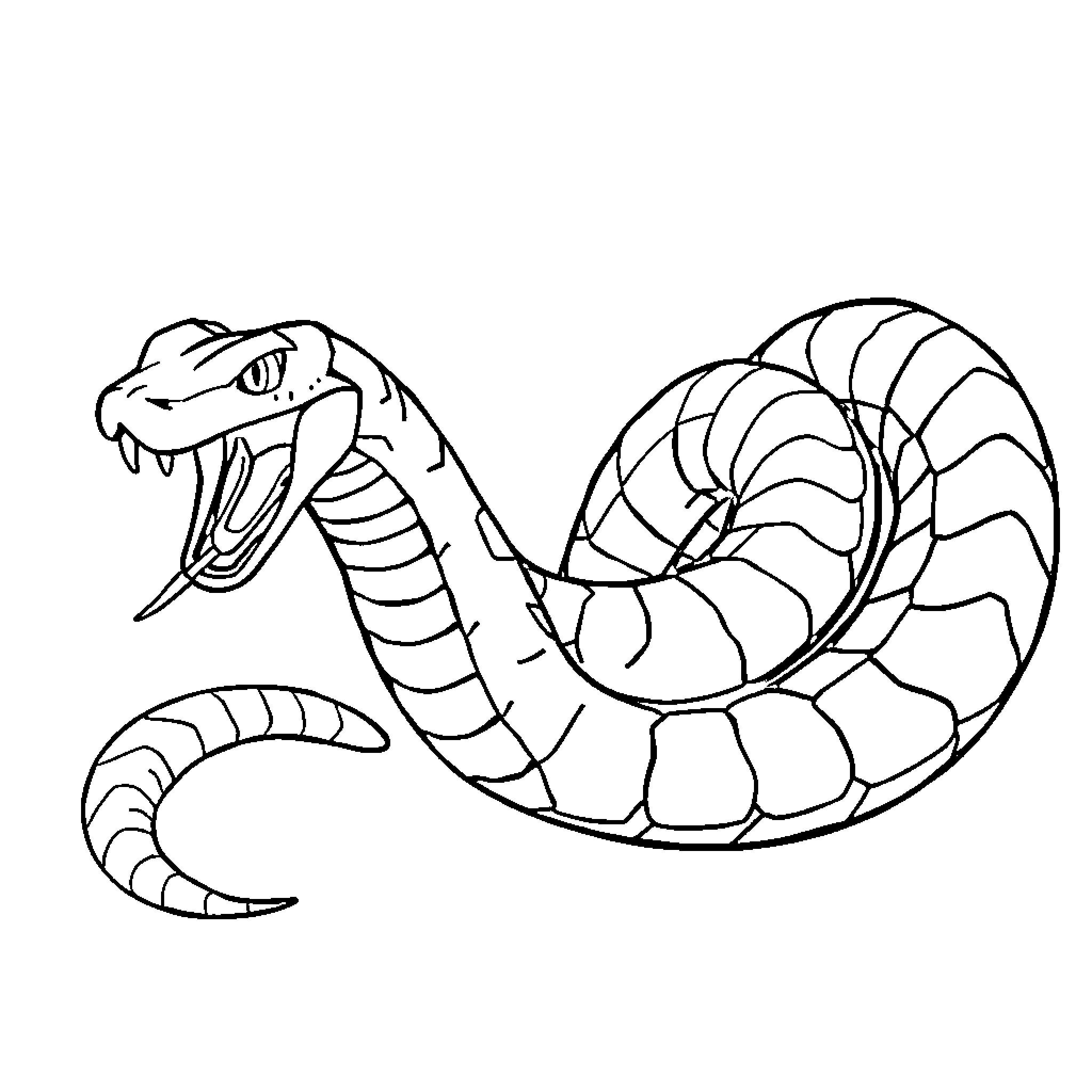 Arbok coiling and ready to strike Coloring Page (free black-and-white line drawing printable PDF for all, from beginners to advanced learners, including children, teens, adults, and seniors)