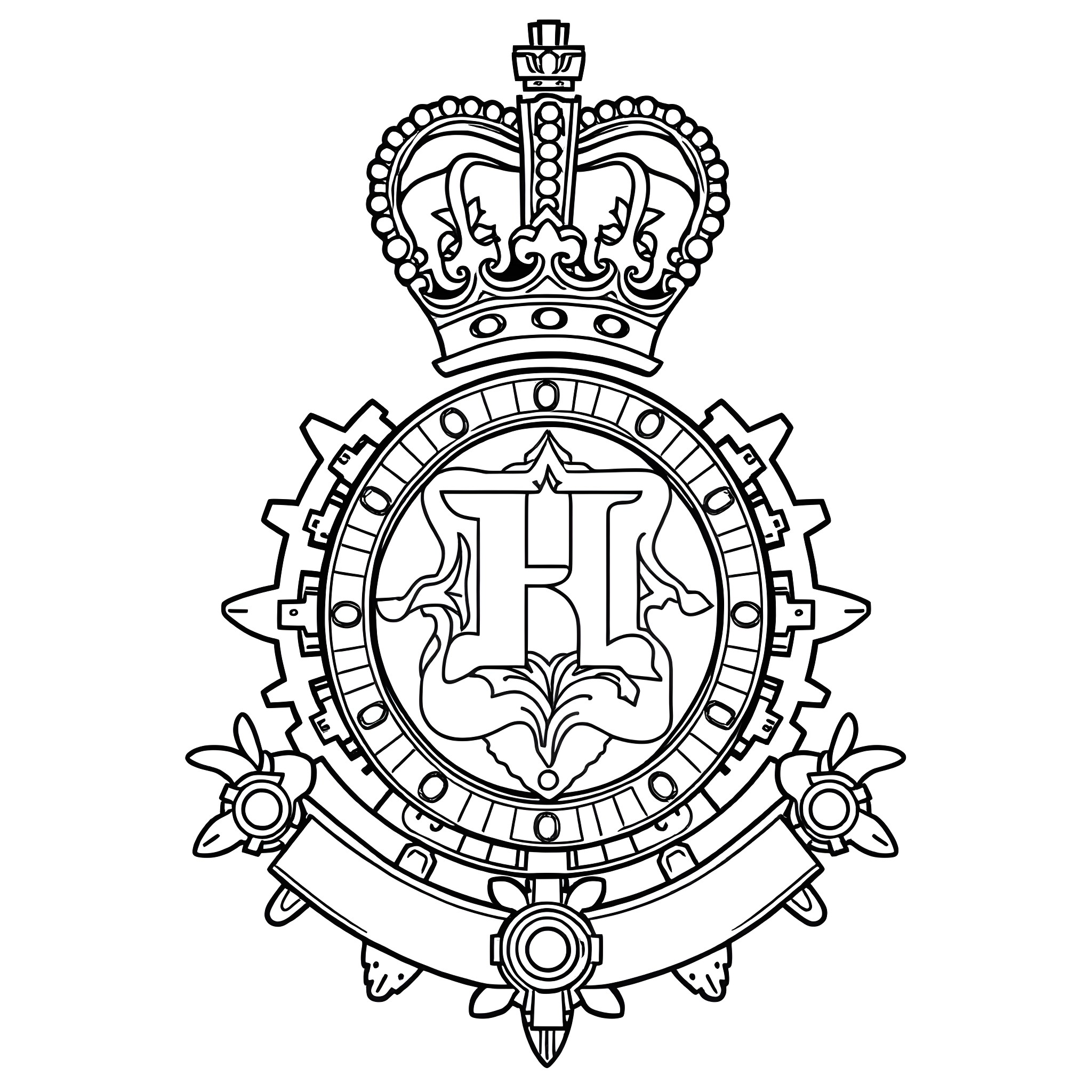 Cap Badge with Royal Crown and Heraldic Emblem Coloring Page (free black-and-white line drawing printable PDF for all, from beginners to advanced learners, including children, teens, adults, and seniors)