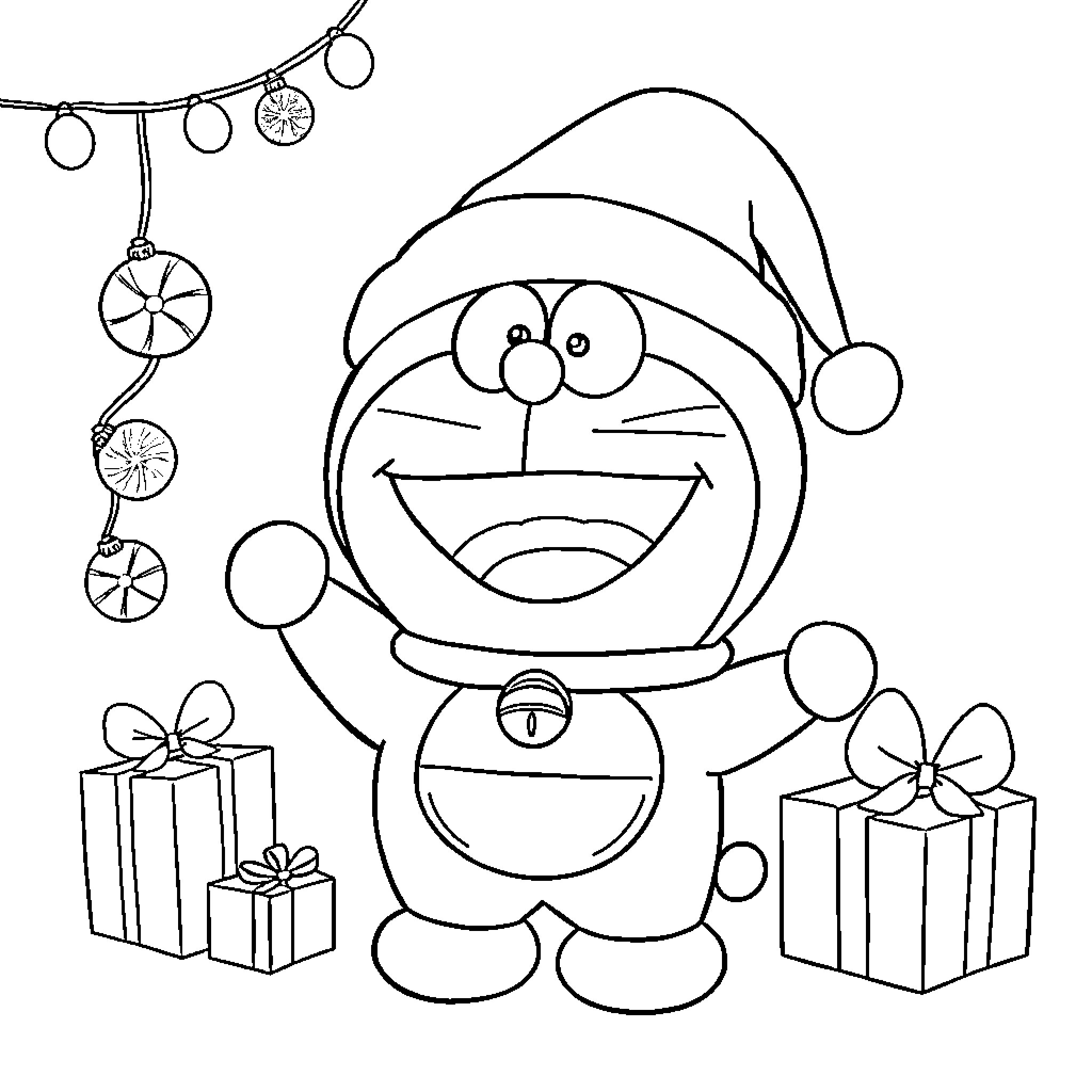 Doraemon surrounded by festive decorations and gifts Coloring Page (free black-and-white line drawing printable PDF for all, from beginners to advanced learners, including children, teens, adults, and seniors)