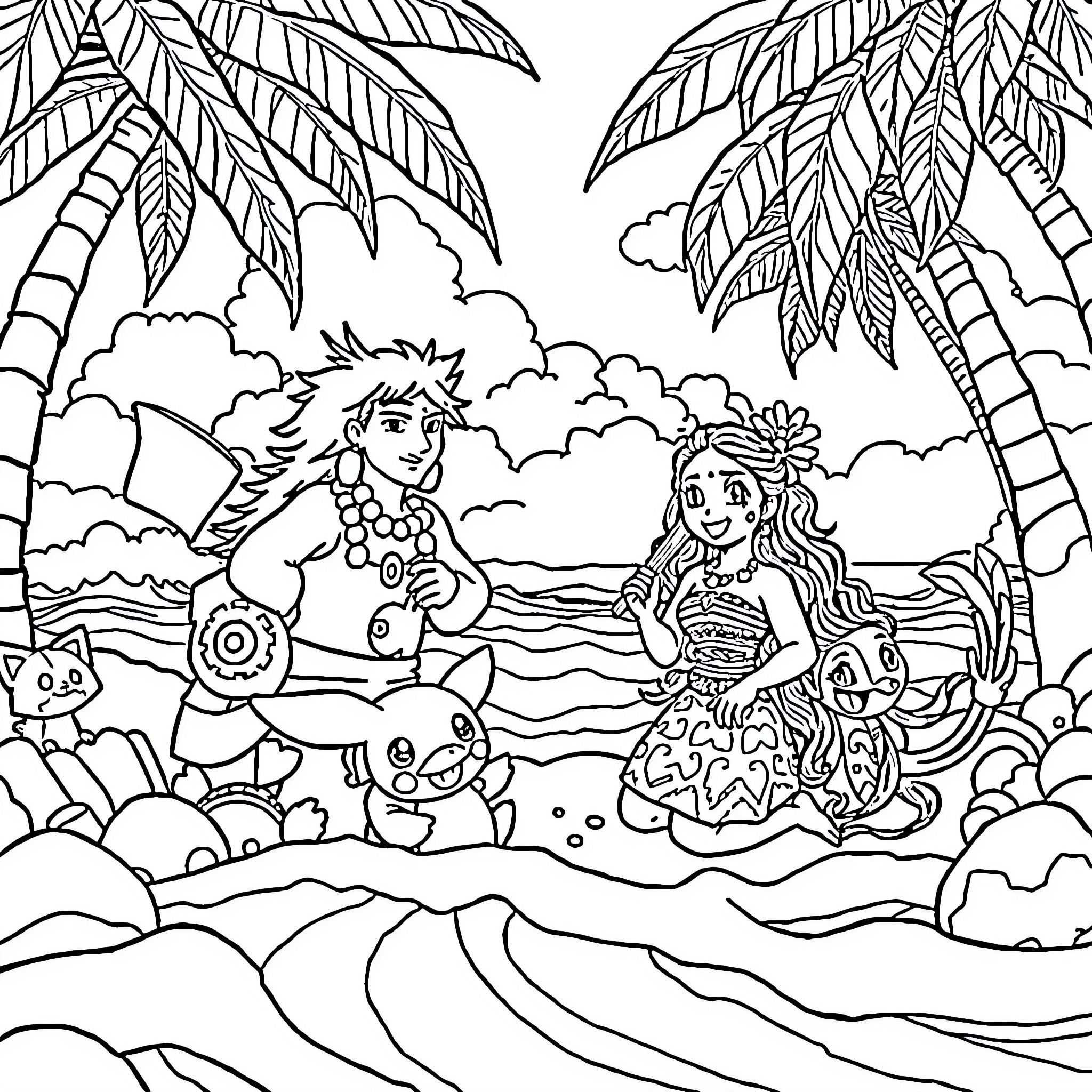 Pokémon characters on a tropical beach Coloring Page (free black-and-white line drawing printable PDF for all, from beginners to advanced learners, including children, teens, adults, and seniors)