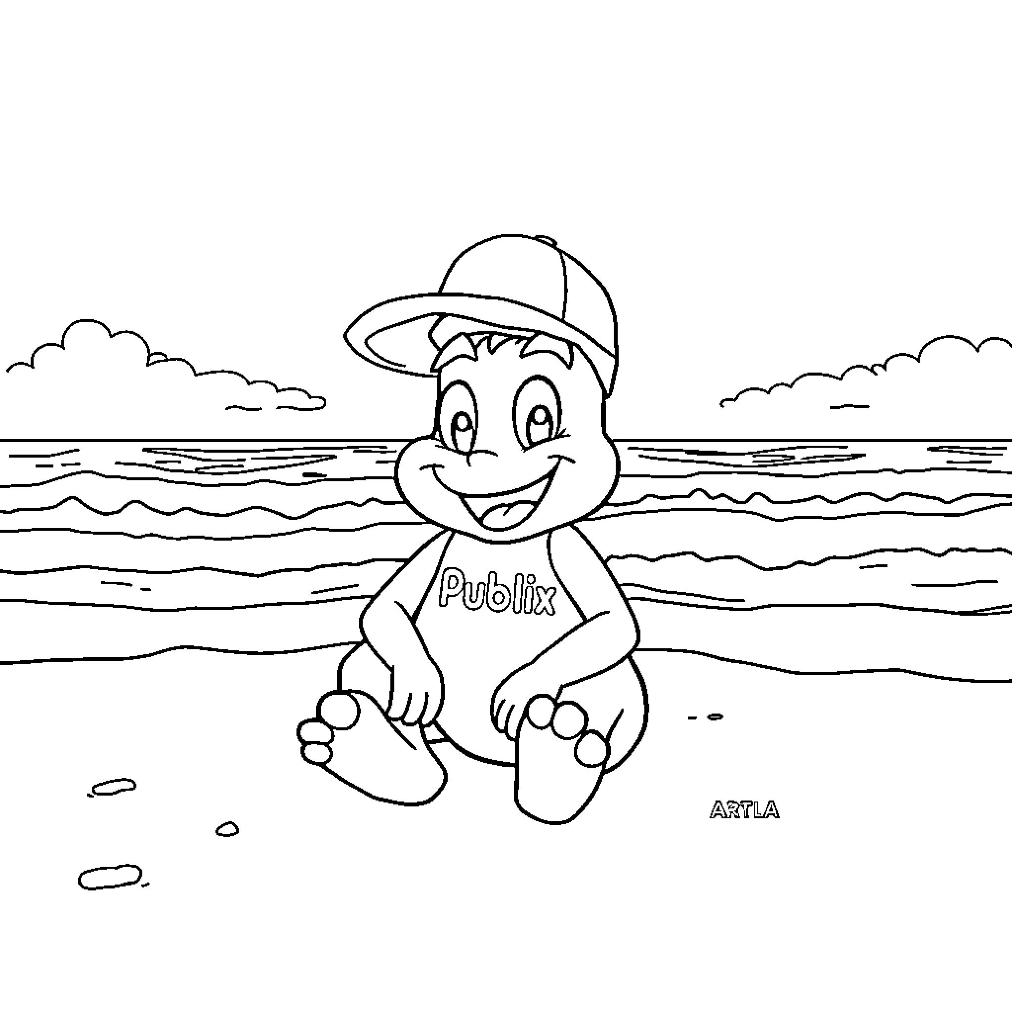 Publix character relaxing at the beach Coloring Page (free black-and-white line drawing printable PDF for all, from beginners to advanced learners, including children, teens, adults, and seniors)