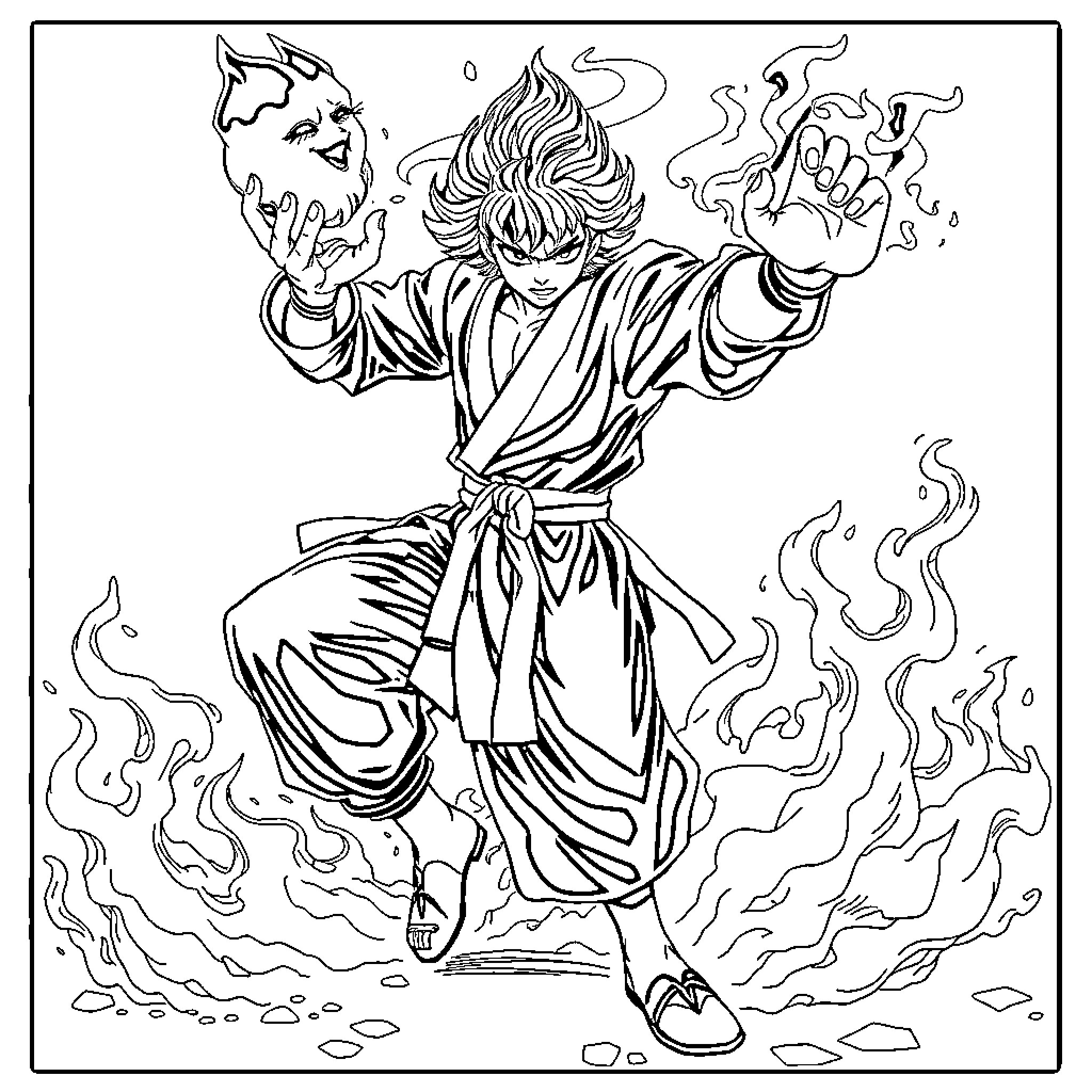 Tanjiro Kamado unleashing fiery flames with determination Coloring Page (free black-and-white line drawing printable PDF for all, from beginners to advanced learners, including children, teens, adults, and seniors)