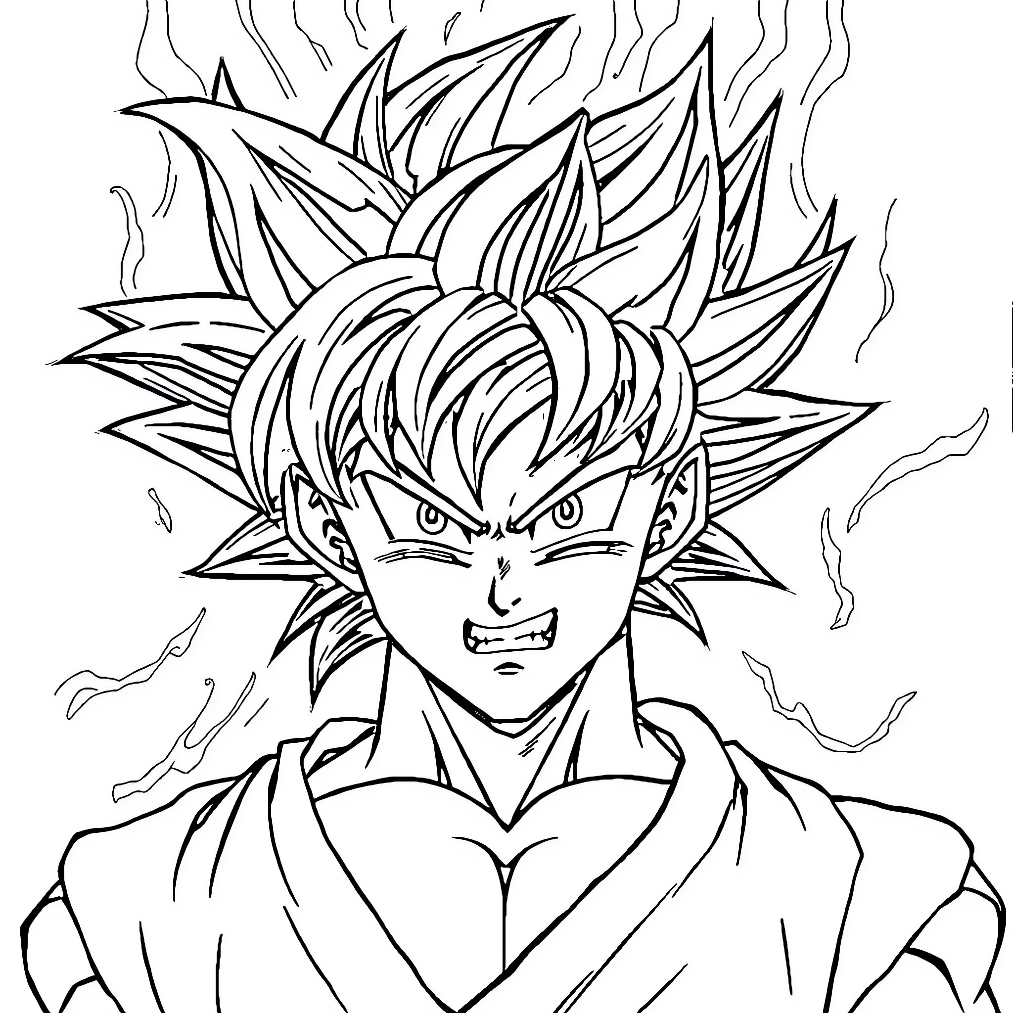 Goku's Intense Transformation Coloring Page (free black-and-white line drawing printable PDF for all, from beginners to advanced learners, including children, teens, adults, and seniors)