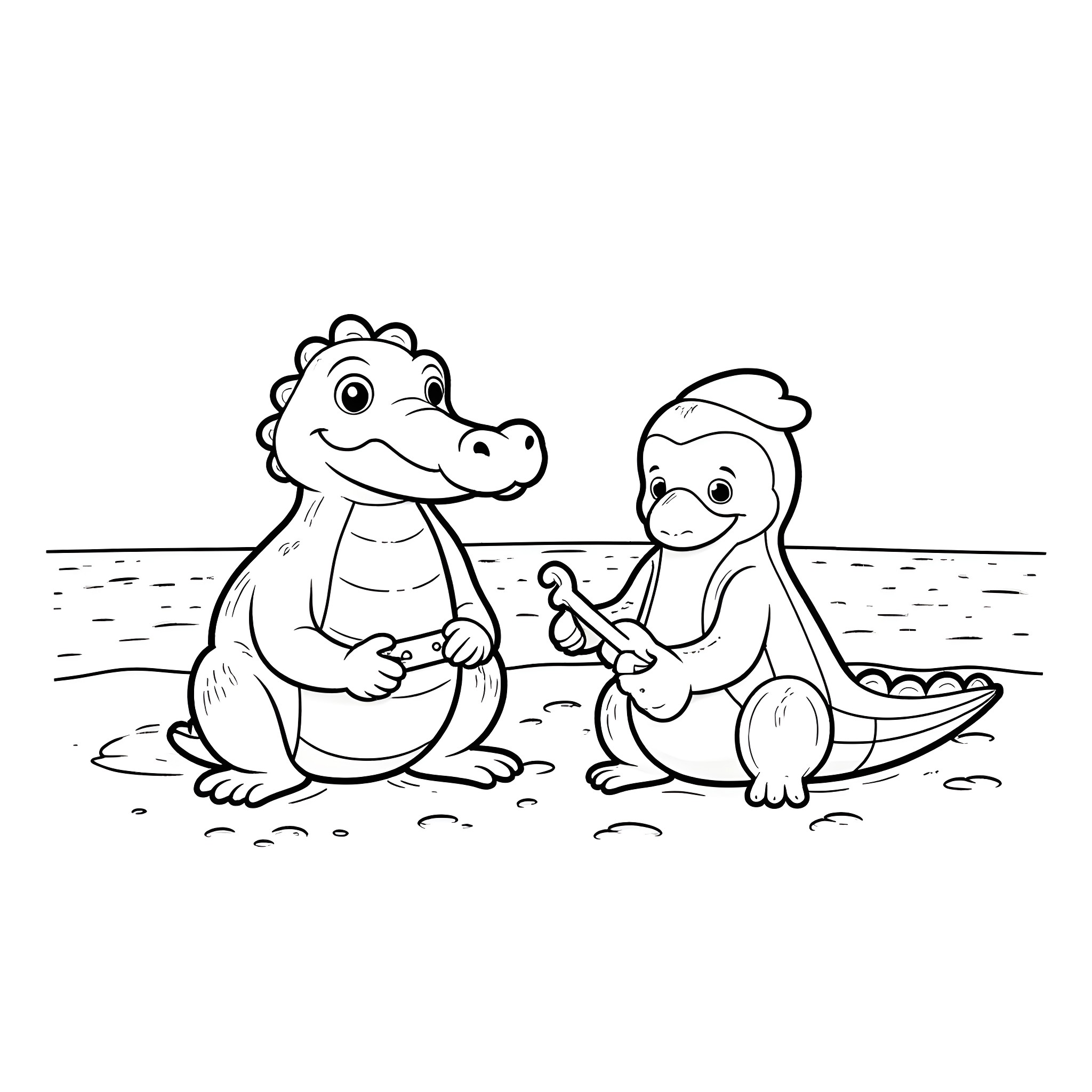 Alligator friends enjoying playtime on the beach Coloring Page (free black-and-white line drawing printable PDF for all, from beginners to advanced learners, including children, teens, adults, and seniors)