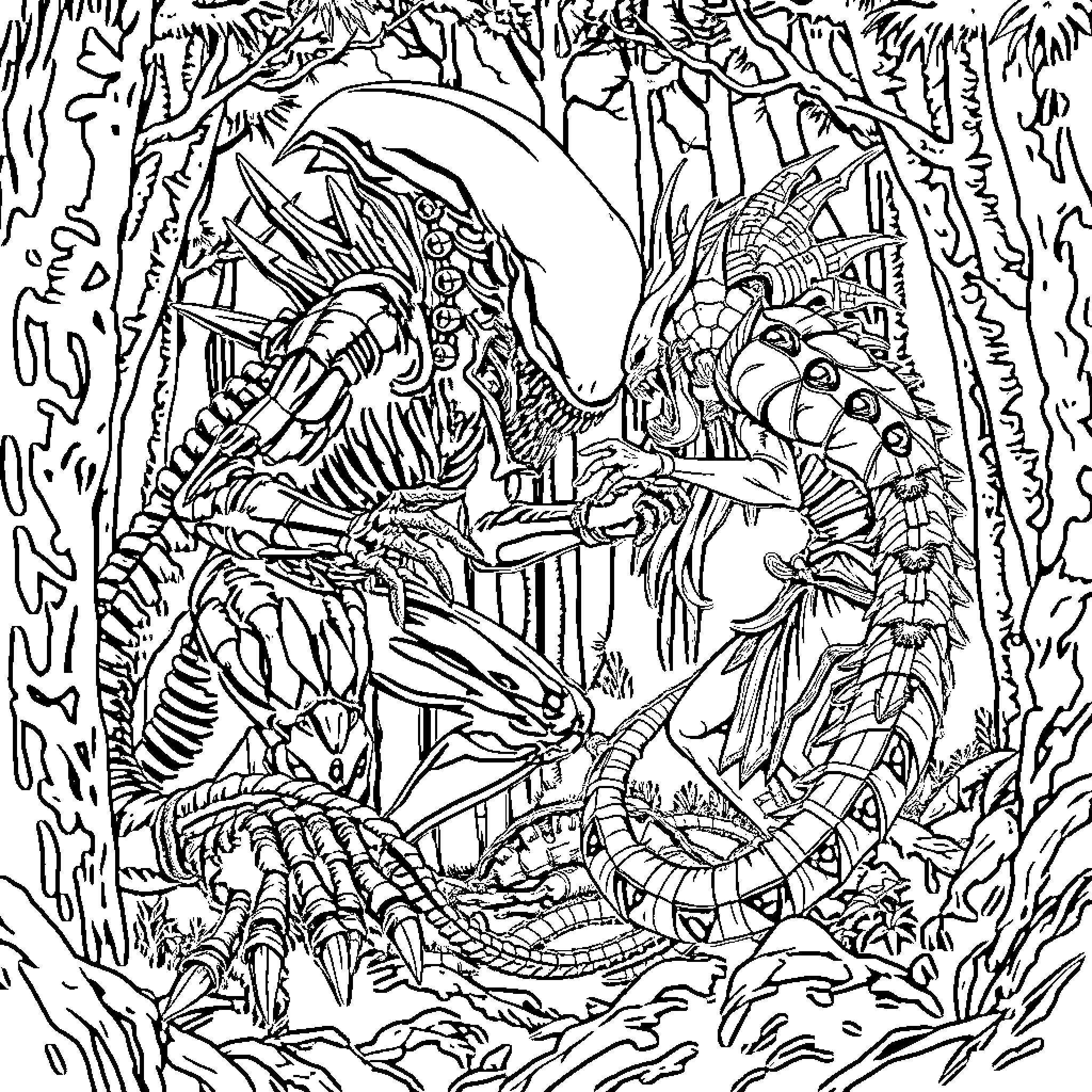 Xenomorph Confrontation in Lush Forest Landscape Coloring Page (free black-and-white line drawing printable PDF for all, from beginners to advanced learners, including children, teens, adults, and seniors)