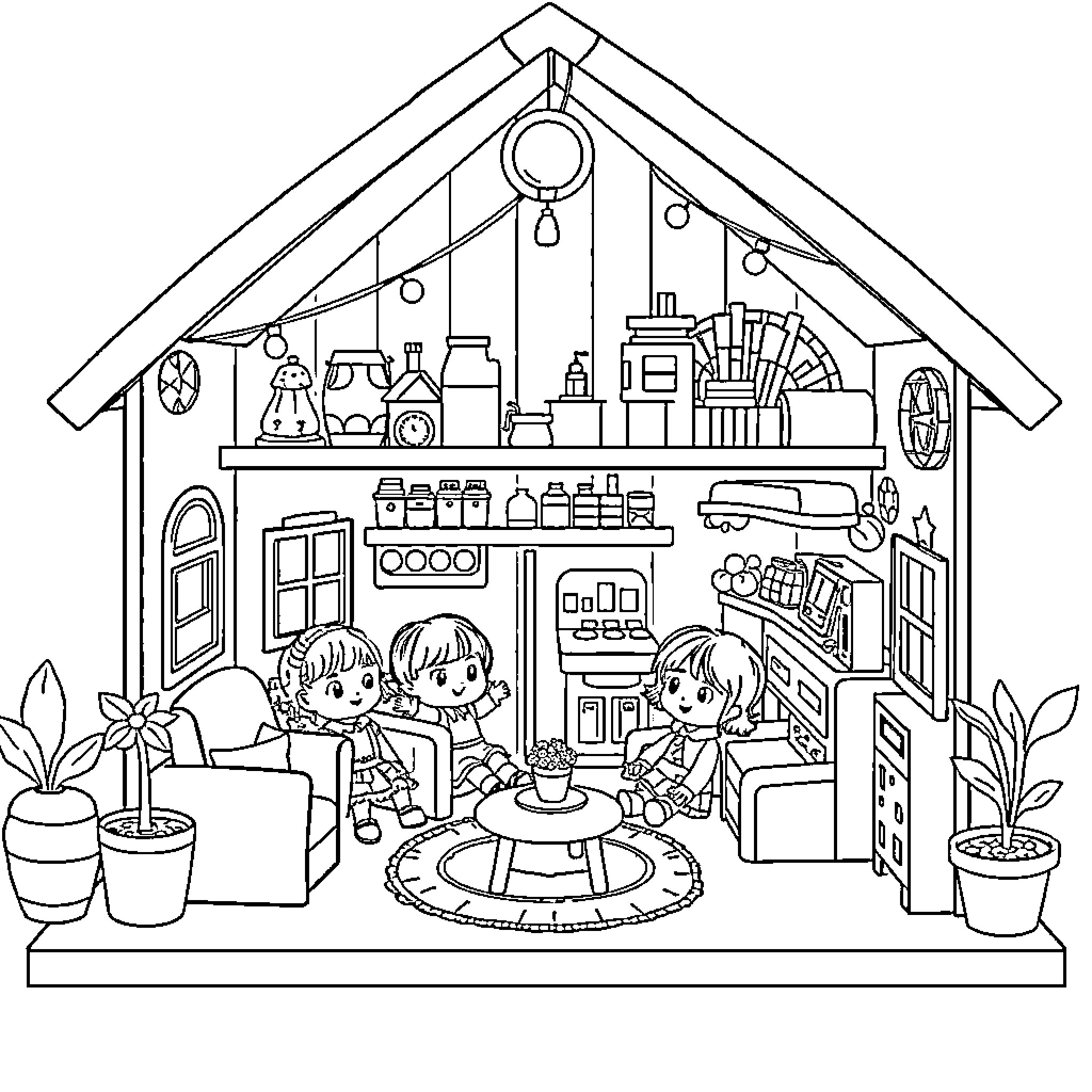 Gabby's Dollhouse: Children playing and exploring the playful interior Coloring Page (free black-and-white line drawing printable PDF for all, from beginners to advanced learners, including children, teens, adults, and seniors)