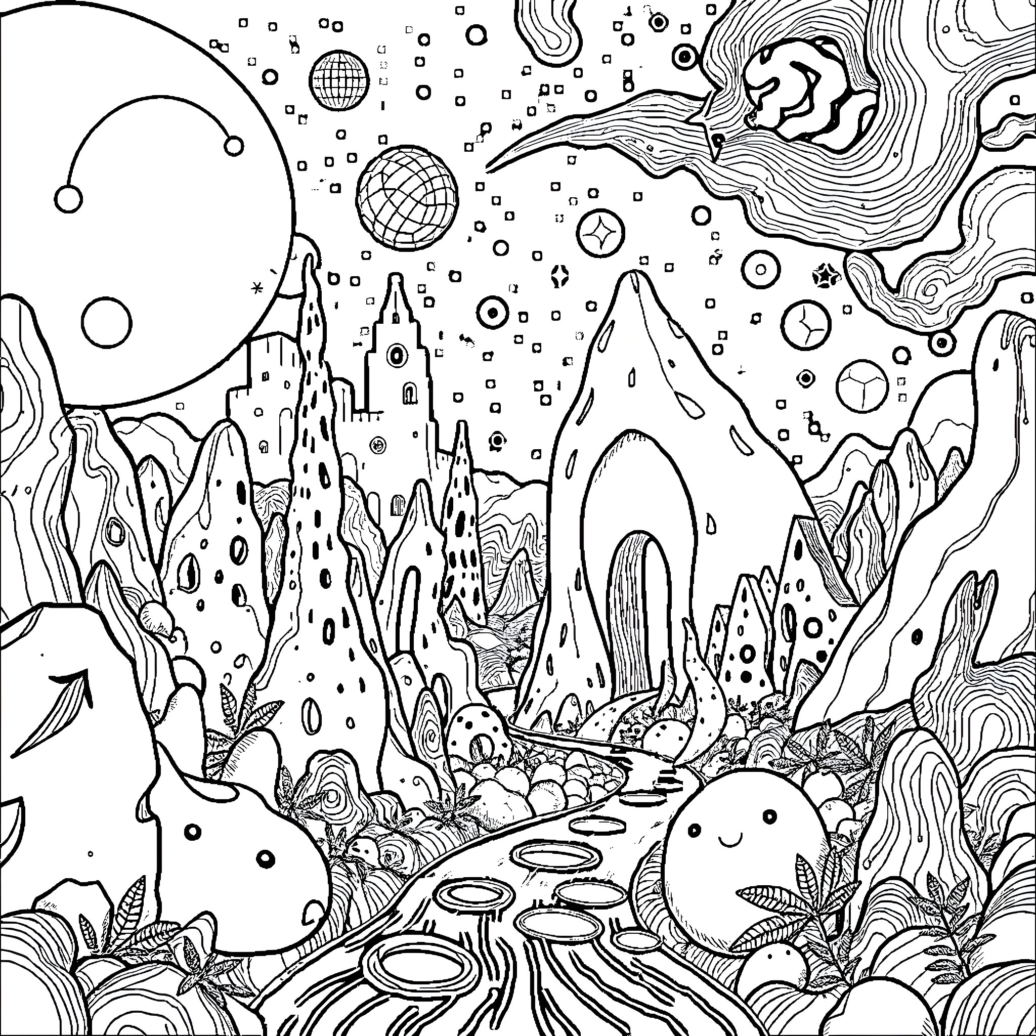 Surrealism: Fantastical Landscape with Bizarre Creatures Coloring Page (free black-and-white line drawing printable PDF for all, from beginners to advanced learners, including children, teens, adults, and seniors)