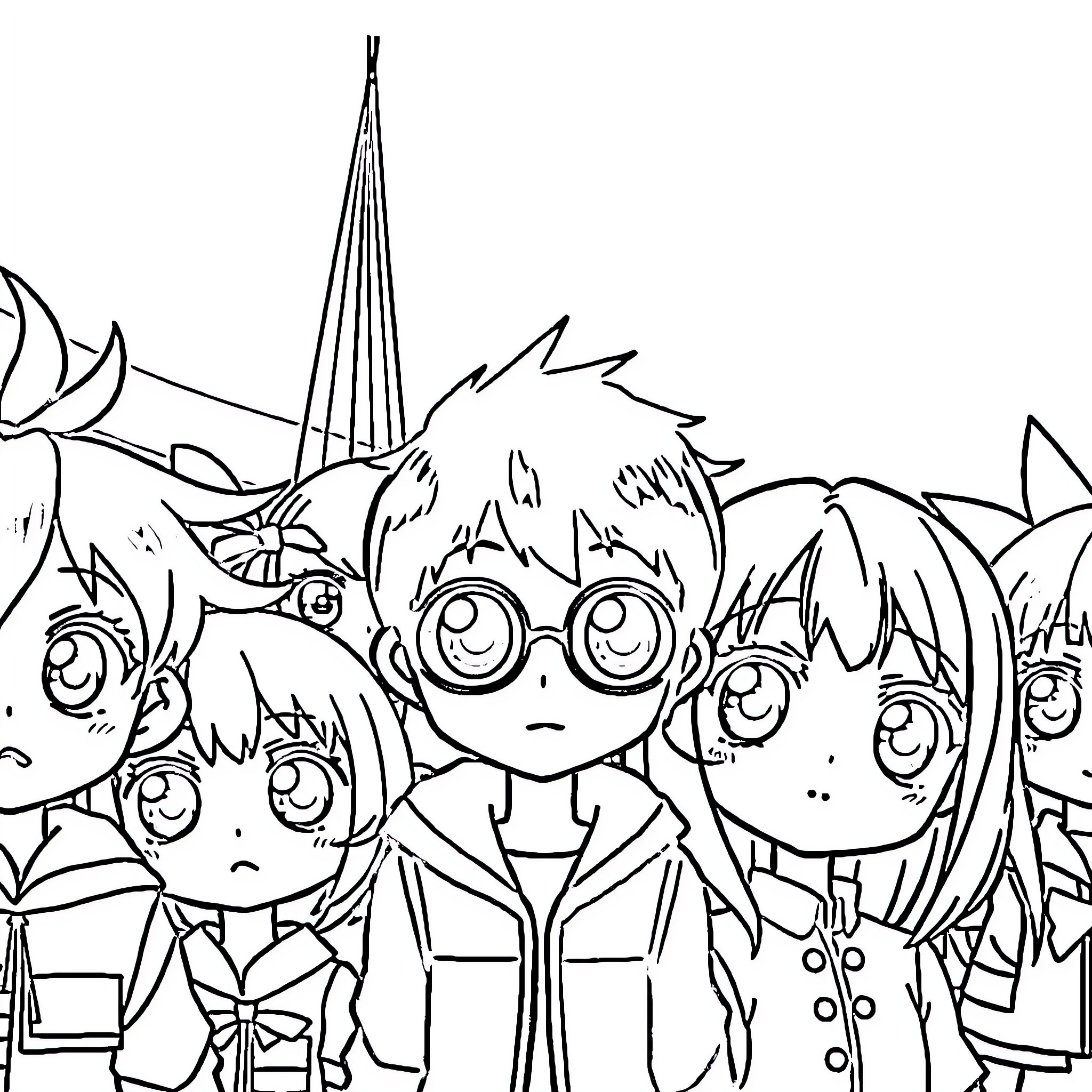 Anime group of cartoon characters with exaggerated expressions Coloring Page (free black-and-white line drawing printable PDF for all, from beginners to advanced learners, including children, teens, adults, and seniors)