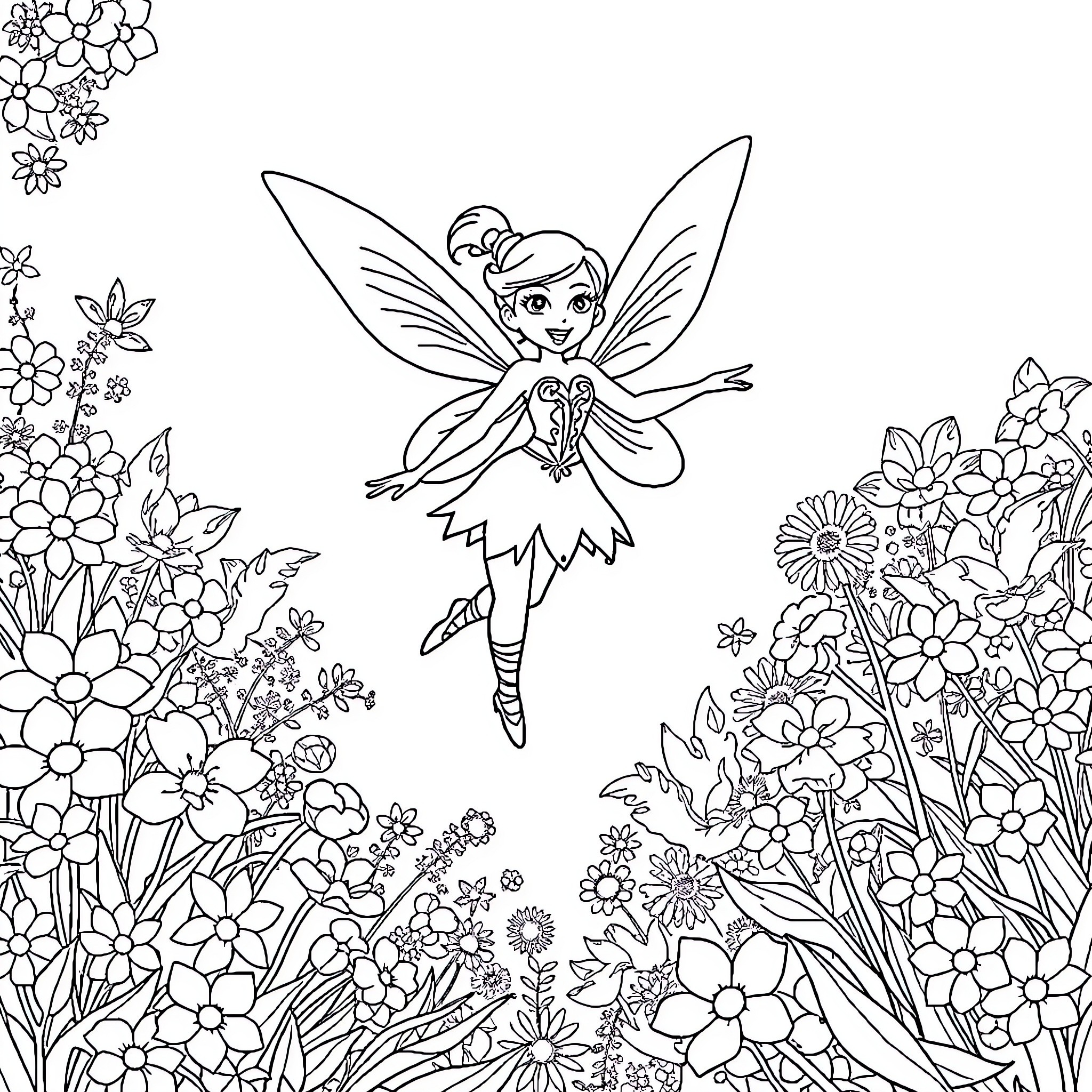 Fee Dancing Among Whimsical Flowers Coloring Page (free black-and-white line drawing printable PDF for all, from beginners to advanced learners, including children, teens, adults, and seniors)