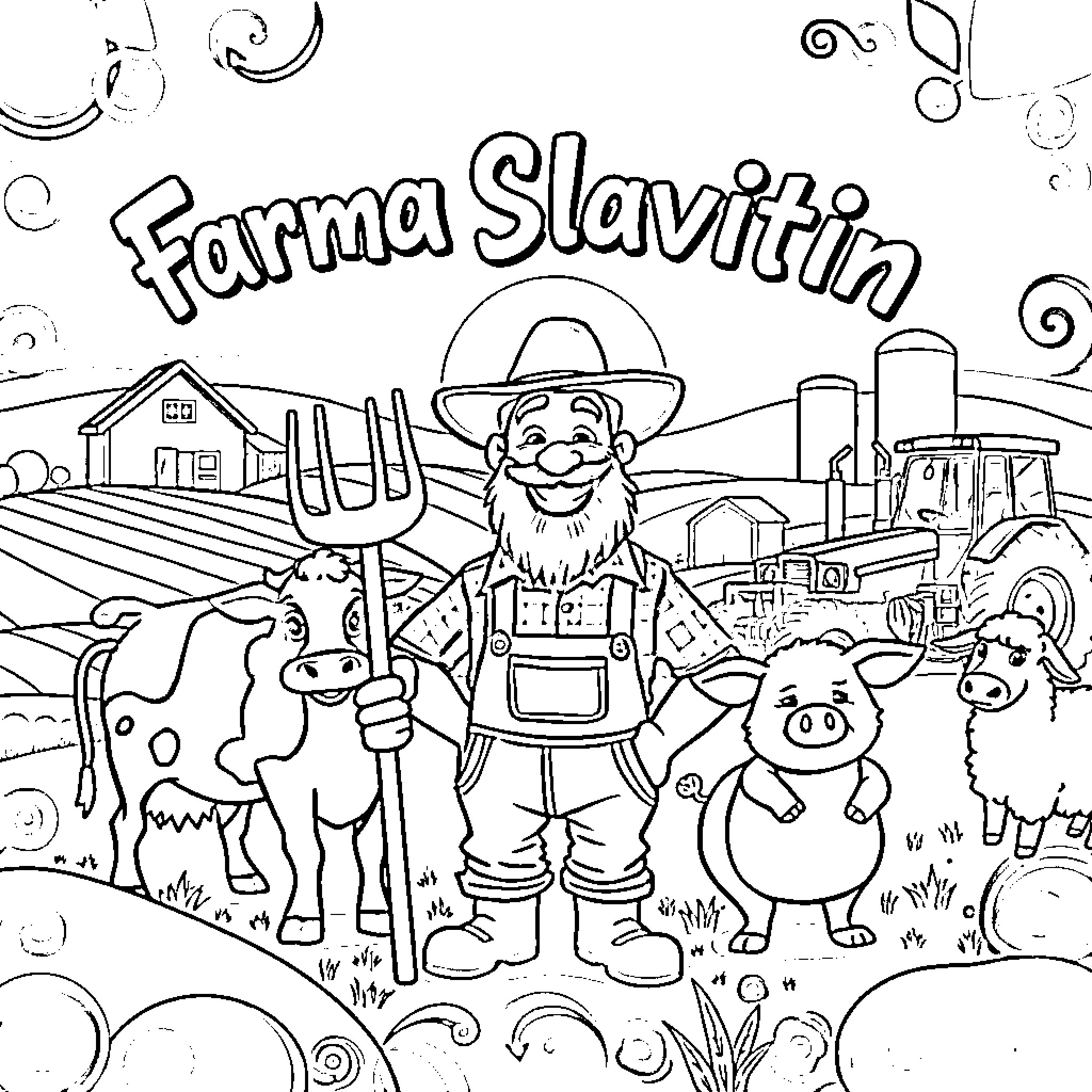 Farmer with livestock on a farm Coloring Page (free black-and-white line drawing printable PDF for all, from beginners to advanced learners, including children, teens, adults, and seniors)