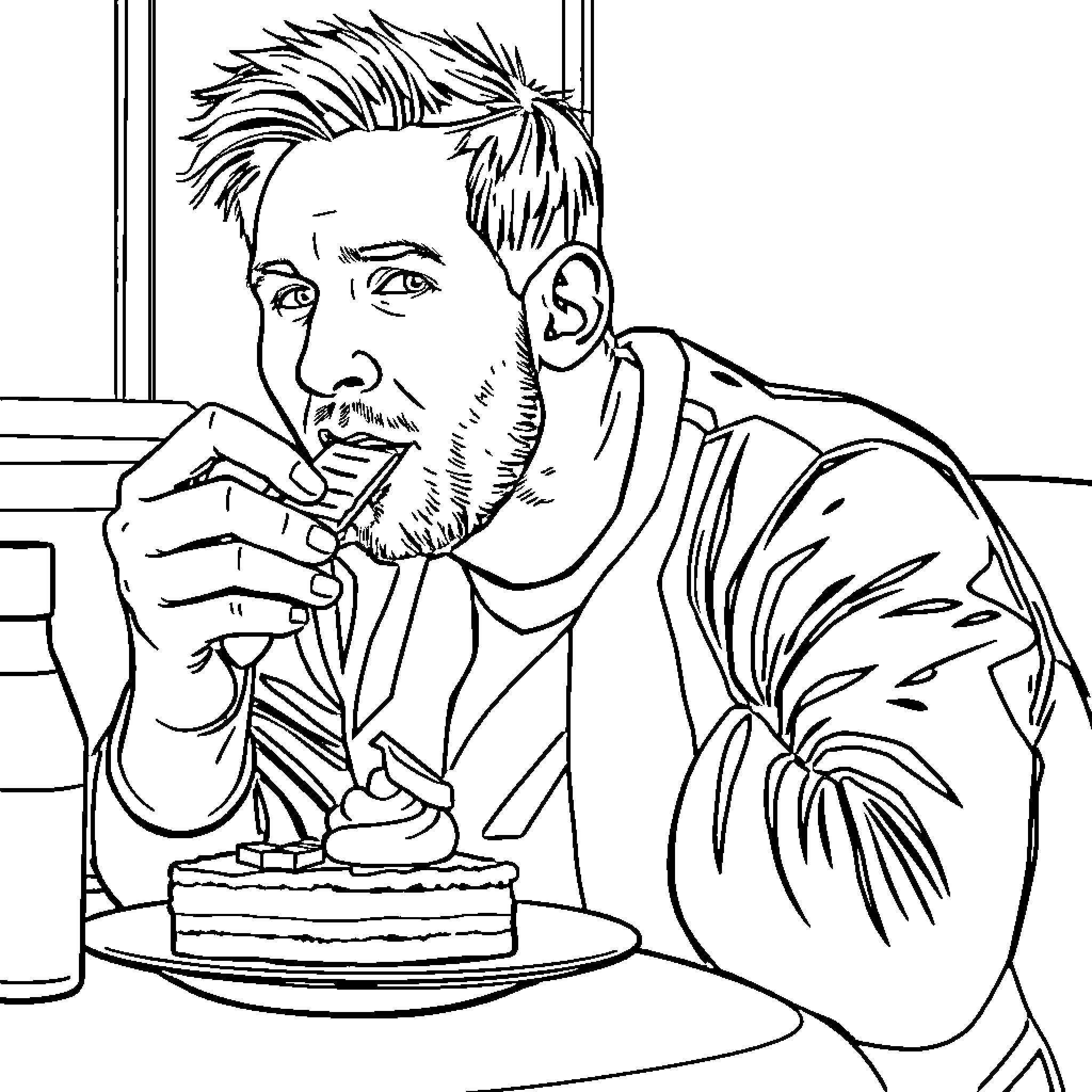Messi enjoying a dessert in thought Coloring Page (free black-and-white line drawing printable PDF for all, from beginners to advanced learners, including children, teens, adults, and seniors)