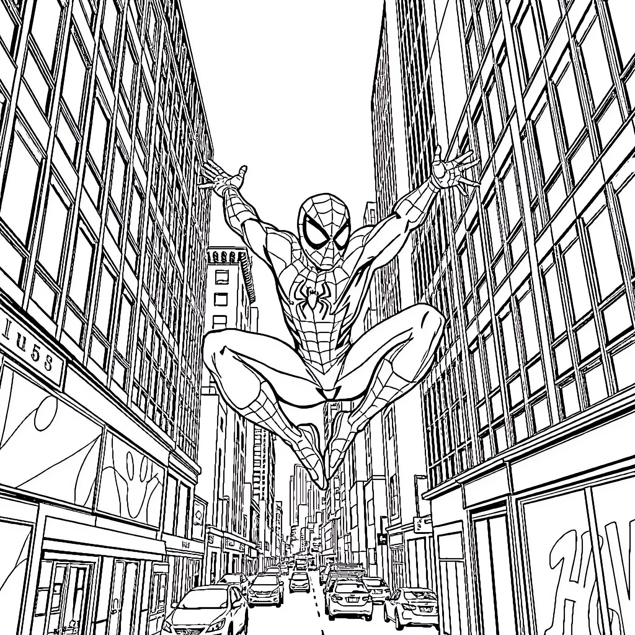 Spider-Man swinging through city streets Coloring Page (free black-and-white line drawing printable PDF for all, from beginners to advanced learners, including children, teens, adults, and seniors)