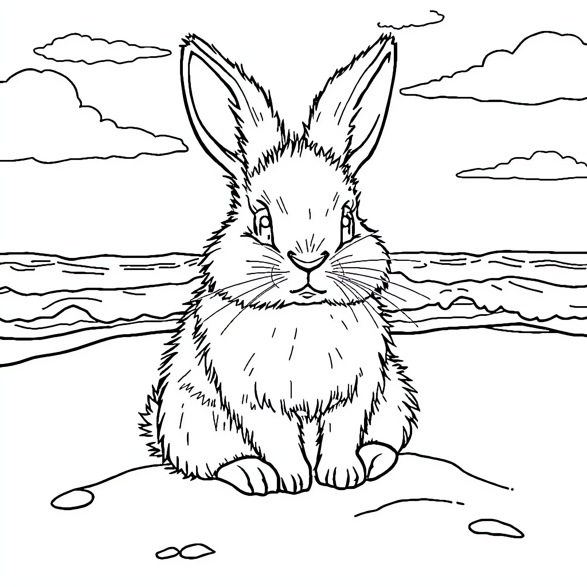 Bunny gazing at the serene landscape Coloring Page (free black-and-white line drawing printable PDF for all, from beginners to advanced learners, including children, teens, adults, and seniors)