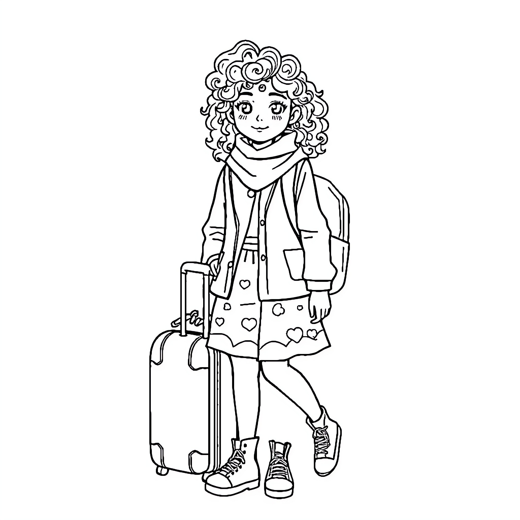 Girl with Curly Hair Traveling with Luggage Coloring Page (free black-and-white line drawing printable PDF for all, from beginners to advanced learners, including children, teens, adults, and seniors)