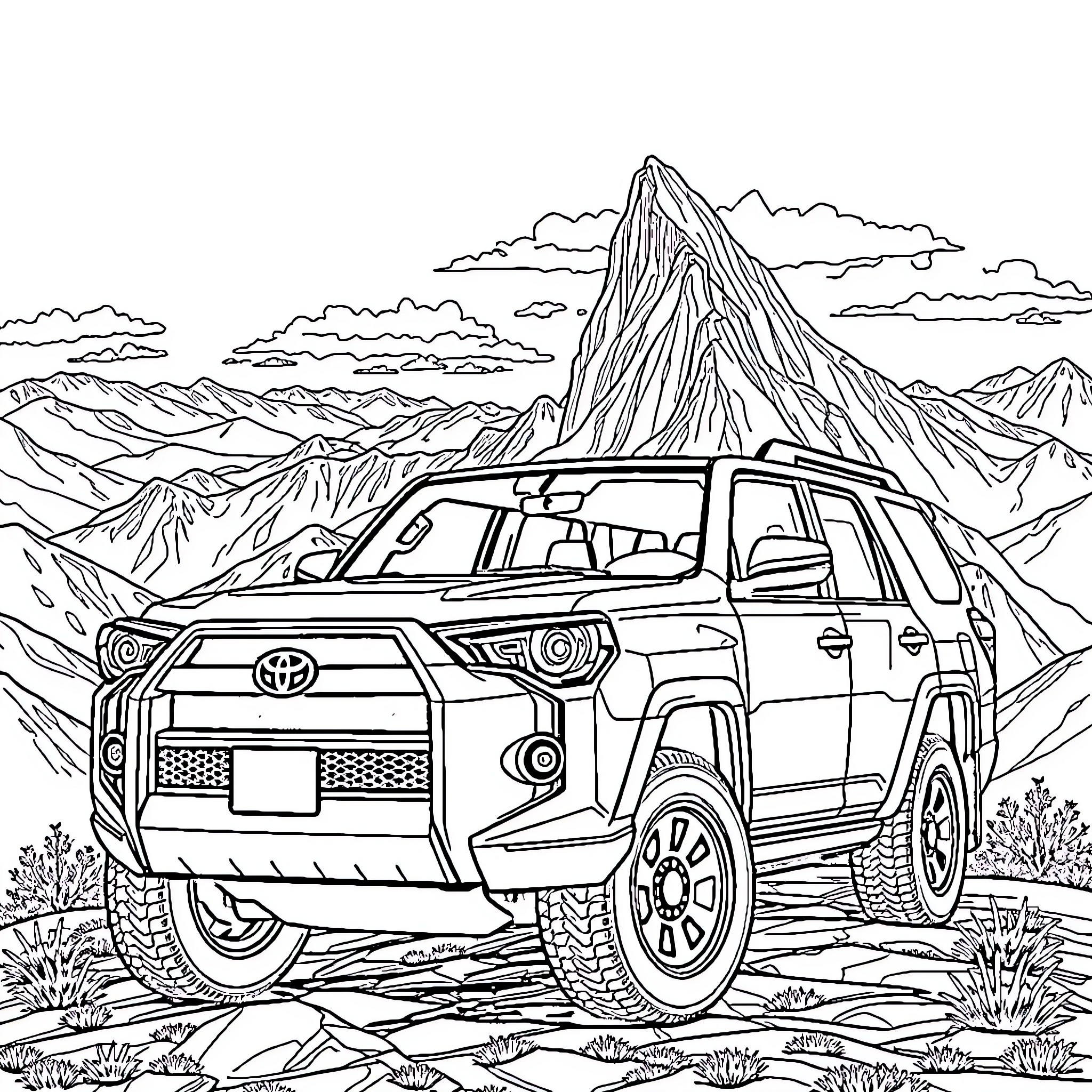 Toyota 4Runner exploring rugged mountain terrain Coloring Page (free black-and-white line drawing printable PDF for all, from beginners to advanced learners, including children, teens, adults, and seniors)