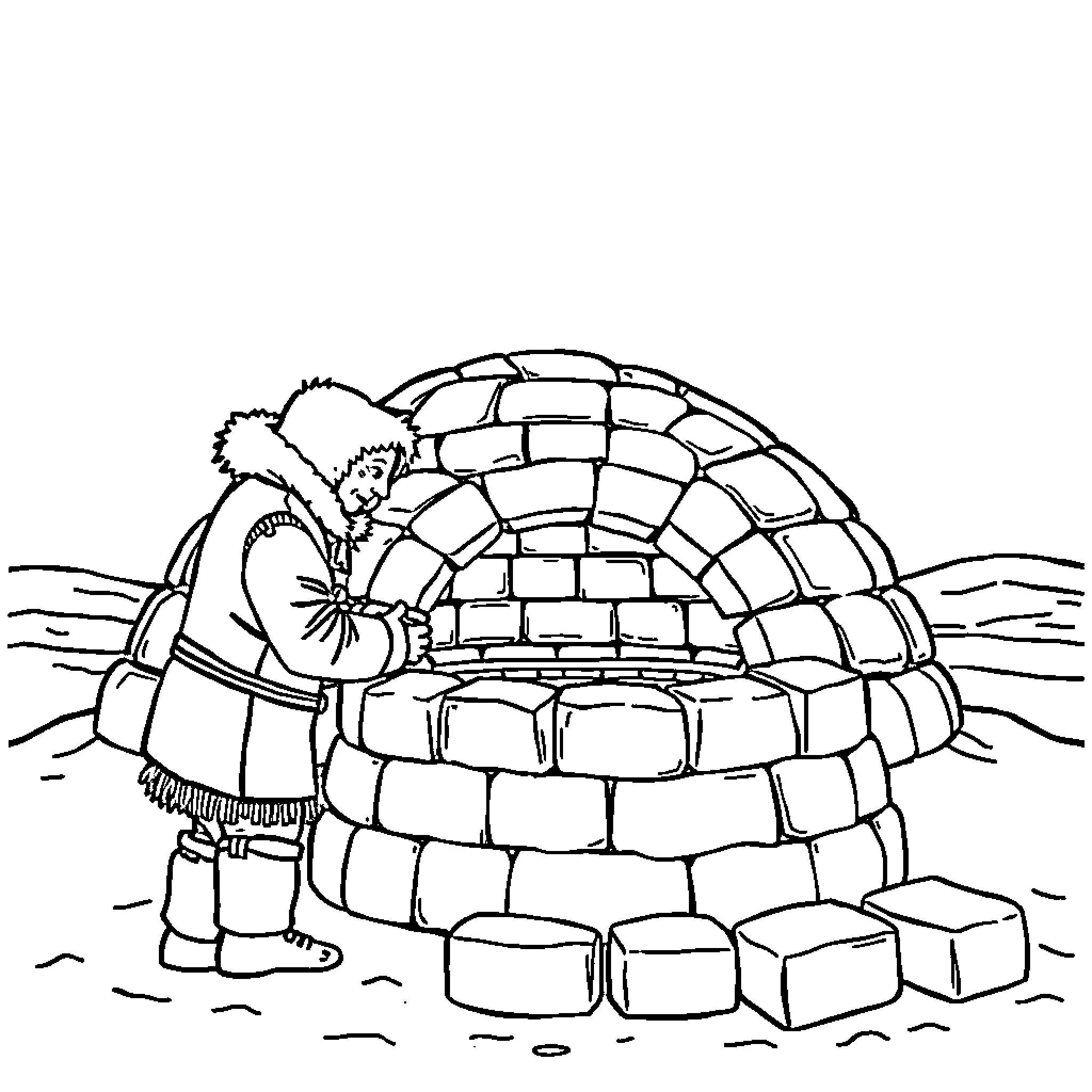 Eskimo building an igloo in the snowy landscape Coloring Page (free black-and-white line drawing printable PDF for all, from beginners to advanced learners, including children, teens, adults, and seniors)