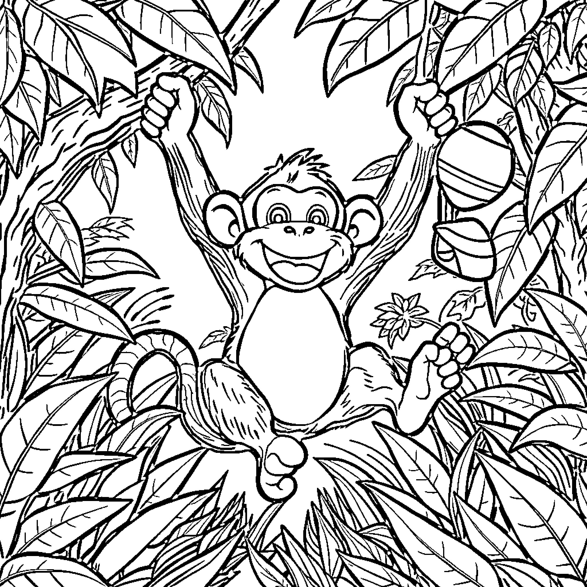 Monkey playing joyfully in the lush jungle Coloring Page (free black-and-white line drawing printable PDF for all, from beginners to advanced learners, including children, teens, adults, and seniors)