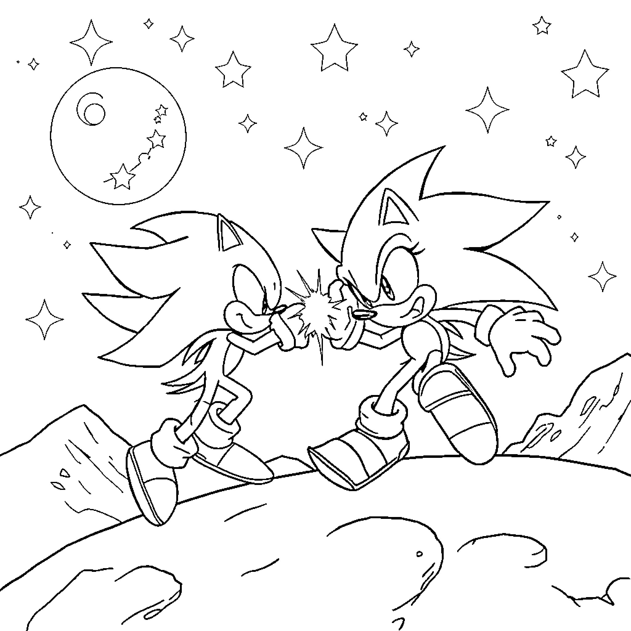 Sonic running through a starry night landscape Coloring Page (free black-and-white line drawing printable PDF for all, from beginners to advanced learners, including children, teens, adults, and seniors)