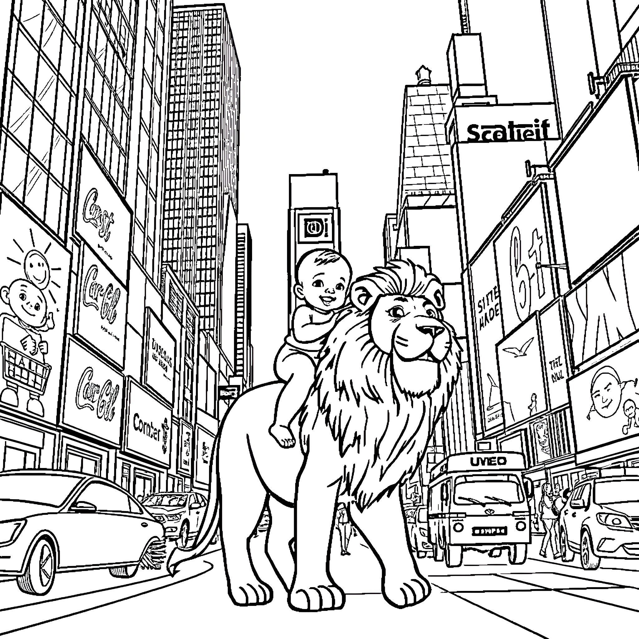 Baby riding on a giant lion in the city Coloring Page (free black-and-white line drawing printable PDF for all, from beginners to advanced learners, including children, teens, adults, and seniors)